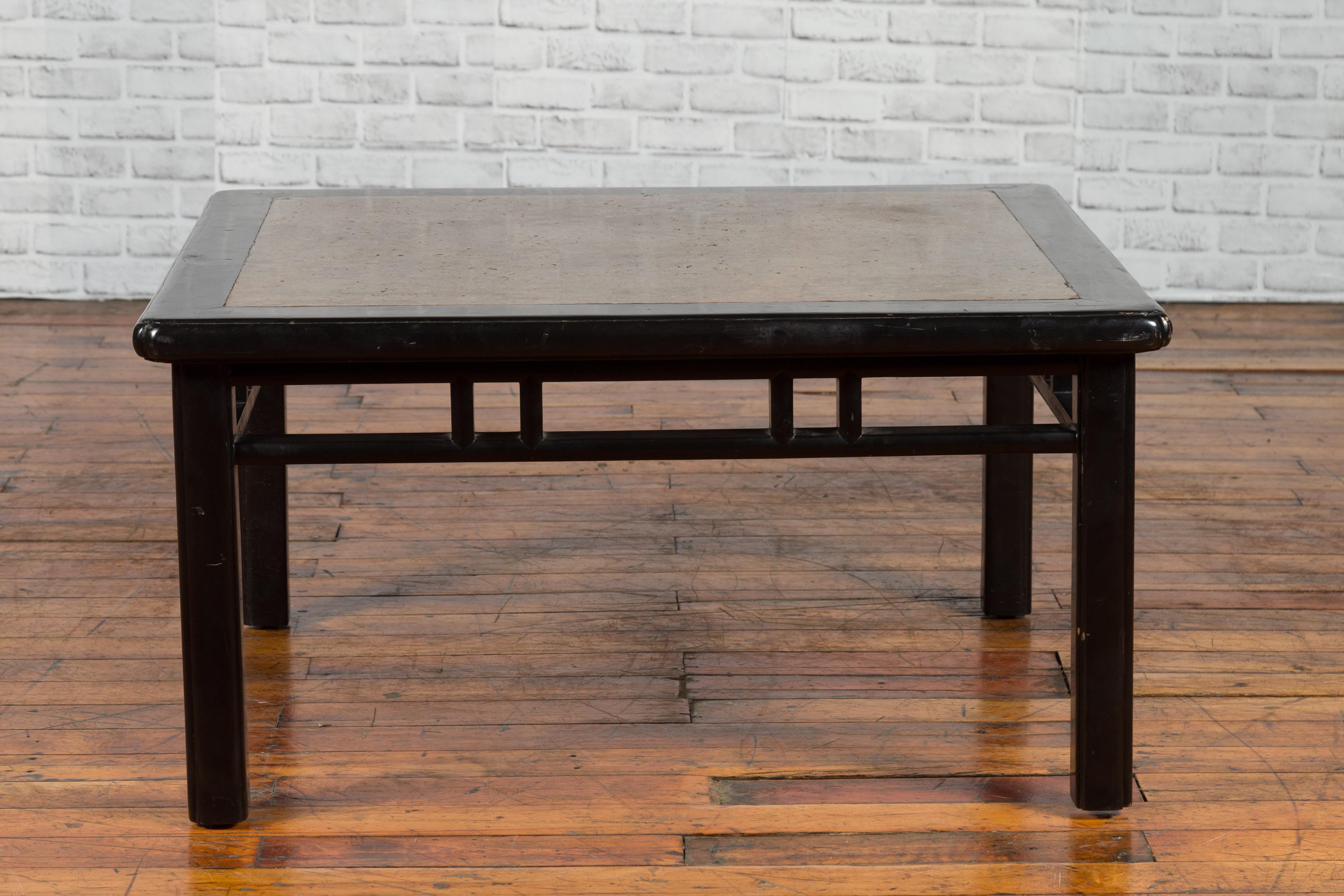 Chinese Early 20th Century Black Lacquered Coffee Table with Stone Top Inset For Sale 8