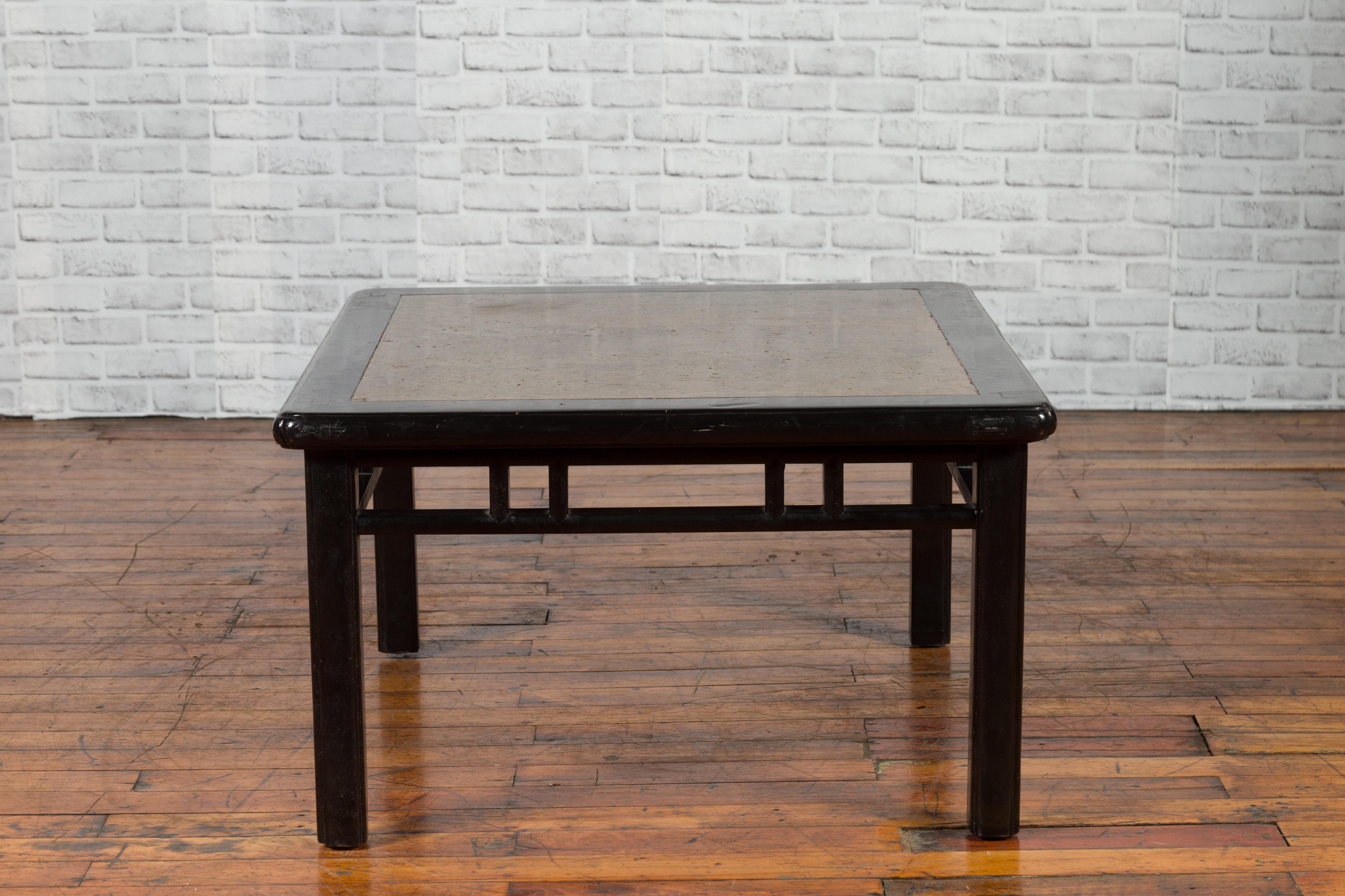 Chinese Early 20th Century Black Lacquered Coffee Table with Stone Top Inset For Sale 9