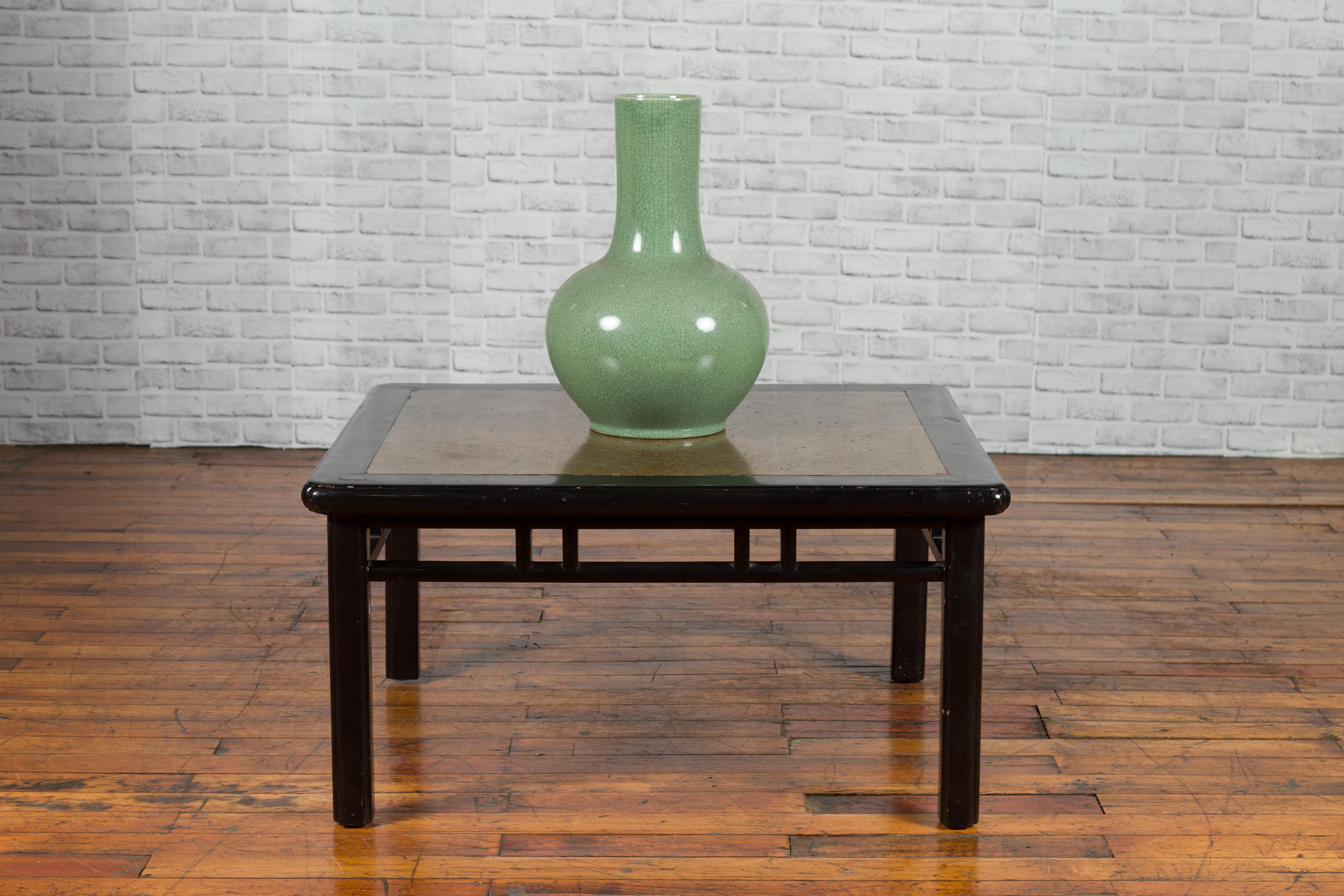 Chinese Early 20th Century Black Lacquered Coffee Table with Stone Top Inset In Good Condition For Sale In Yonkers, NY