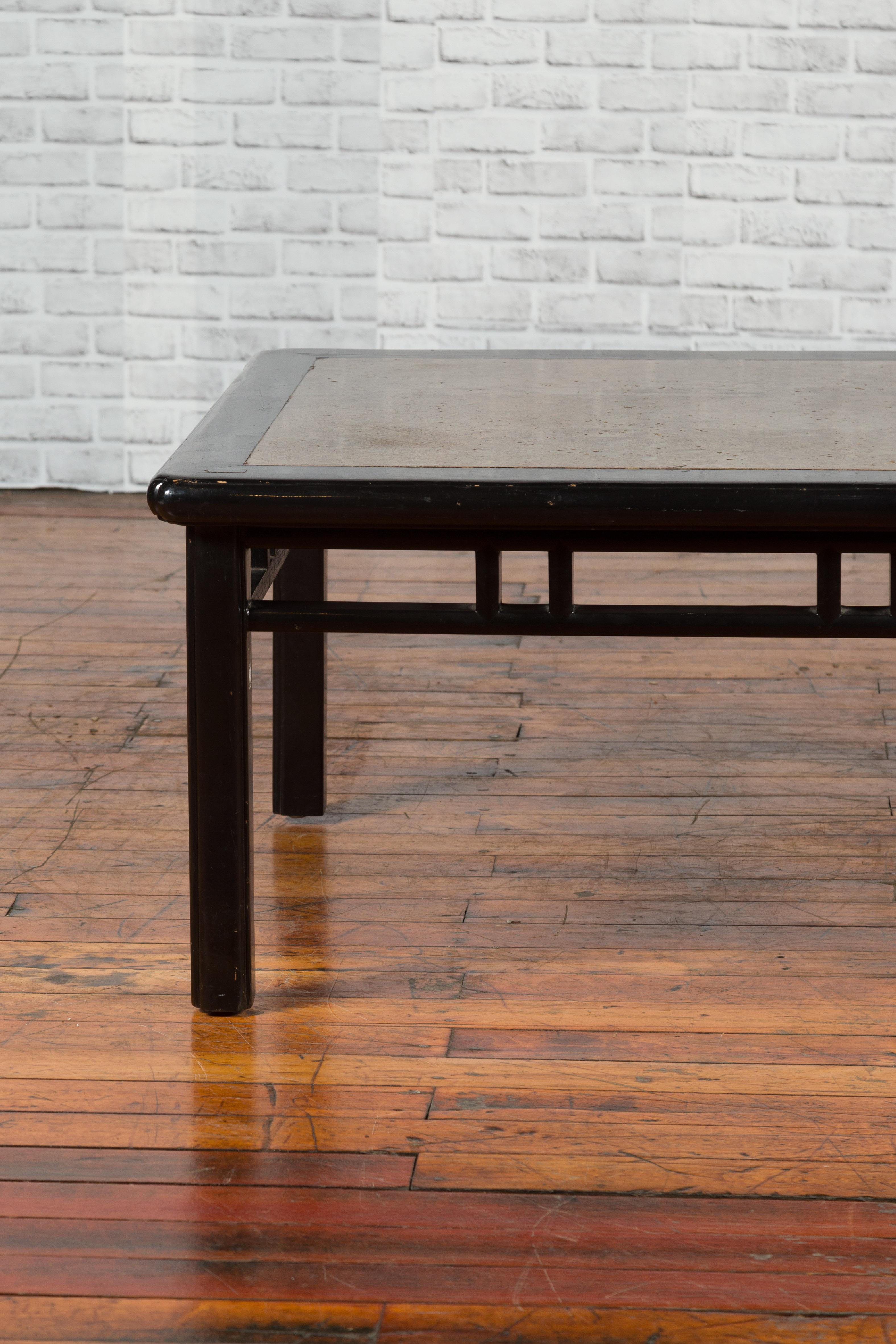 Chinese Early 20th Century Black Lacquered Coffee Table with Stone Top Inset For Sale 2