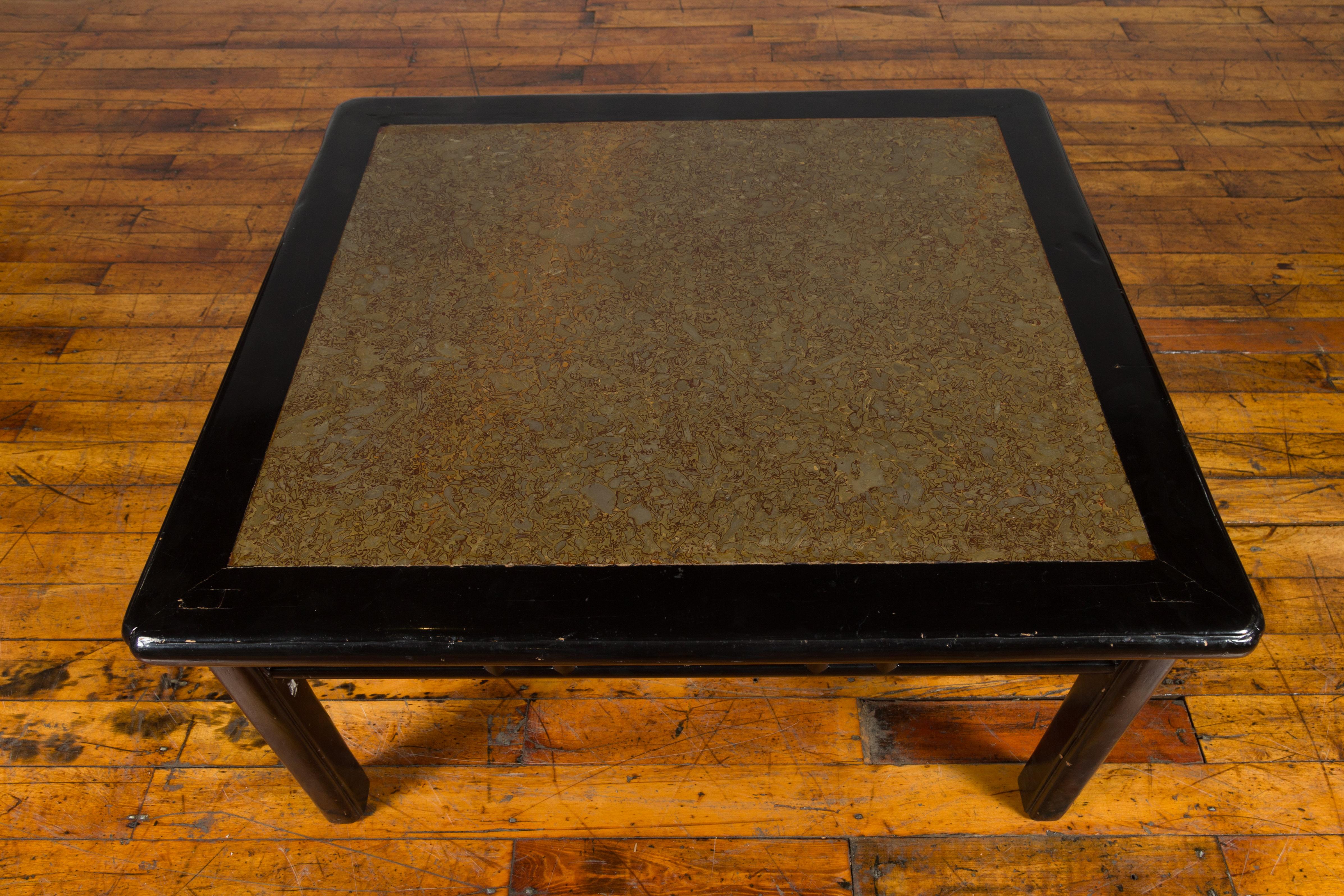 Chinese Early 20th Century Black Lacquered Coffee Table with Stone Top Inset For Sale 5