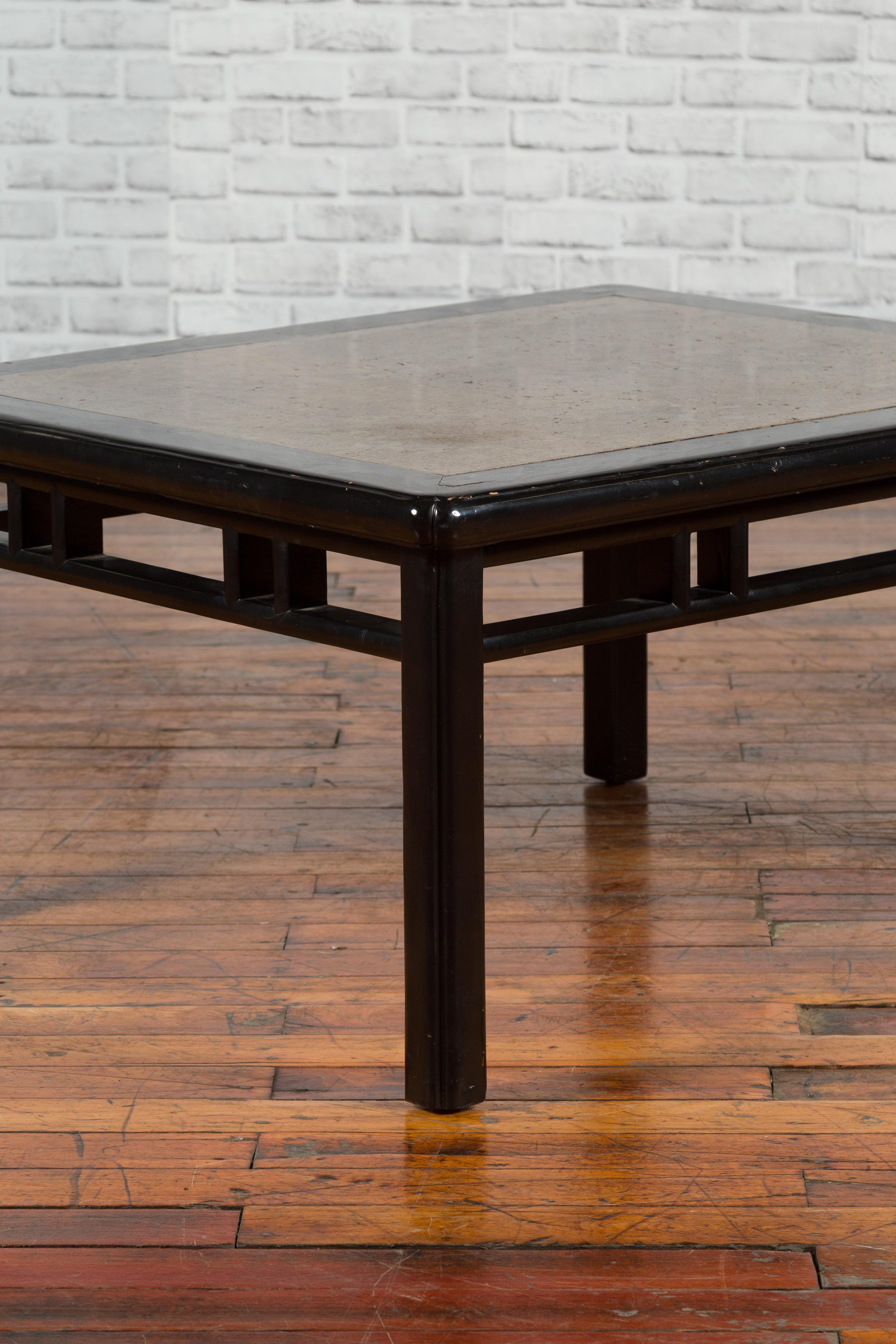 Chinese Early 20th Century Black Lacquered Coffee Table with Stone Top Inset For Sale 6