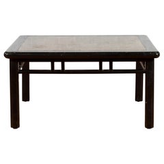 Chinese Early 20th Century Black Lacquered Coffee Table with Stone Top Inset