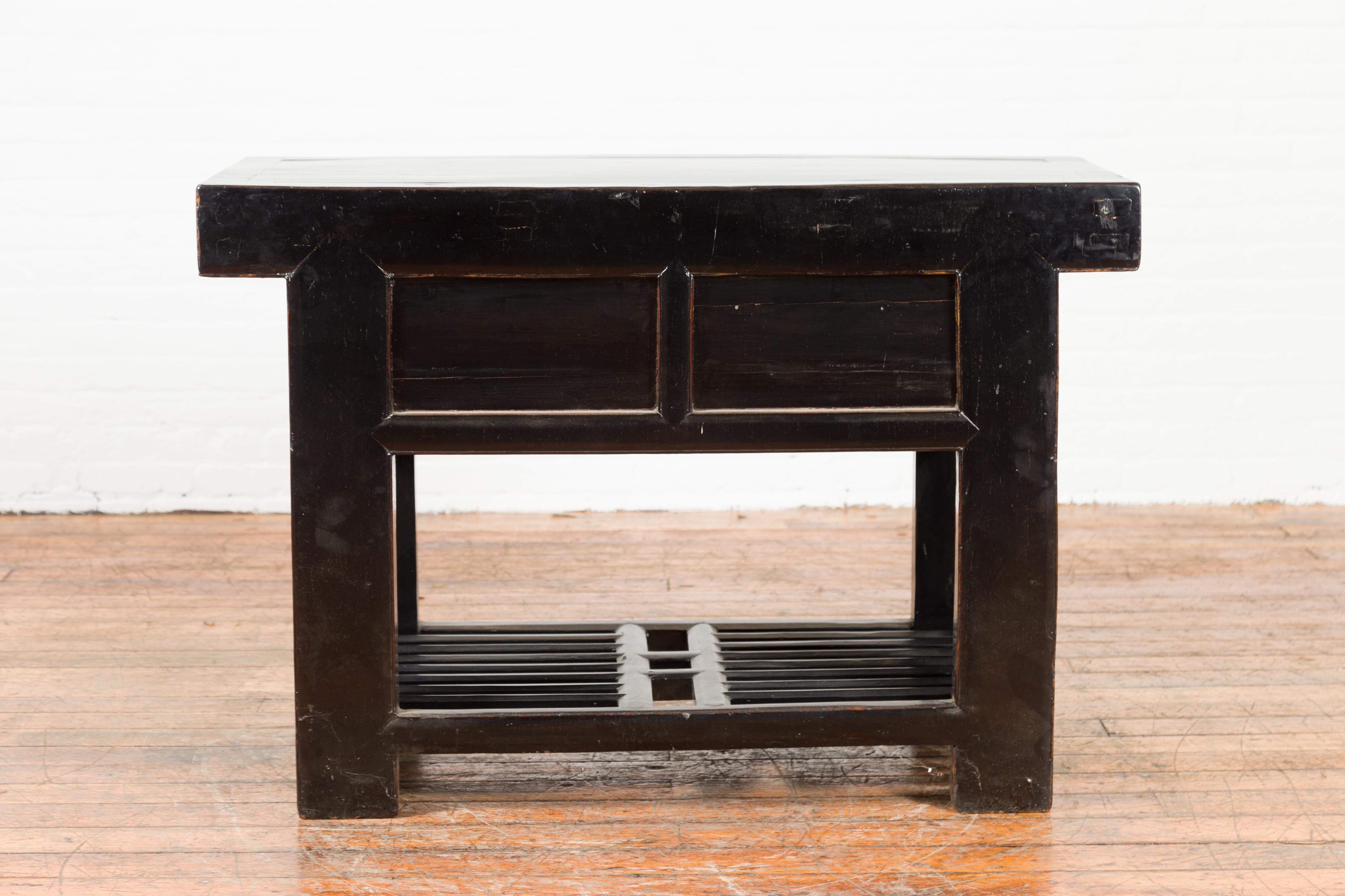 Chinese Early 20th Century Black Lacquered Console Table with Two Drawers For Sale 5