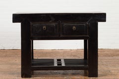 Chinese Early 20th Century Black Lacquered Console Table with Two Drawers