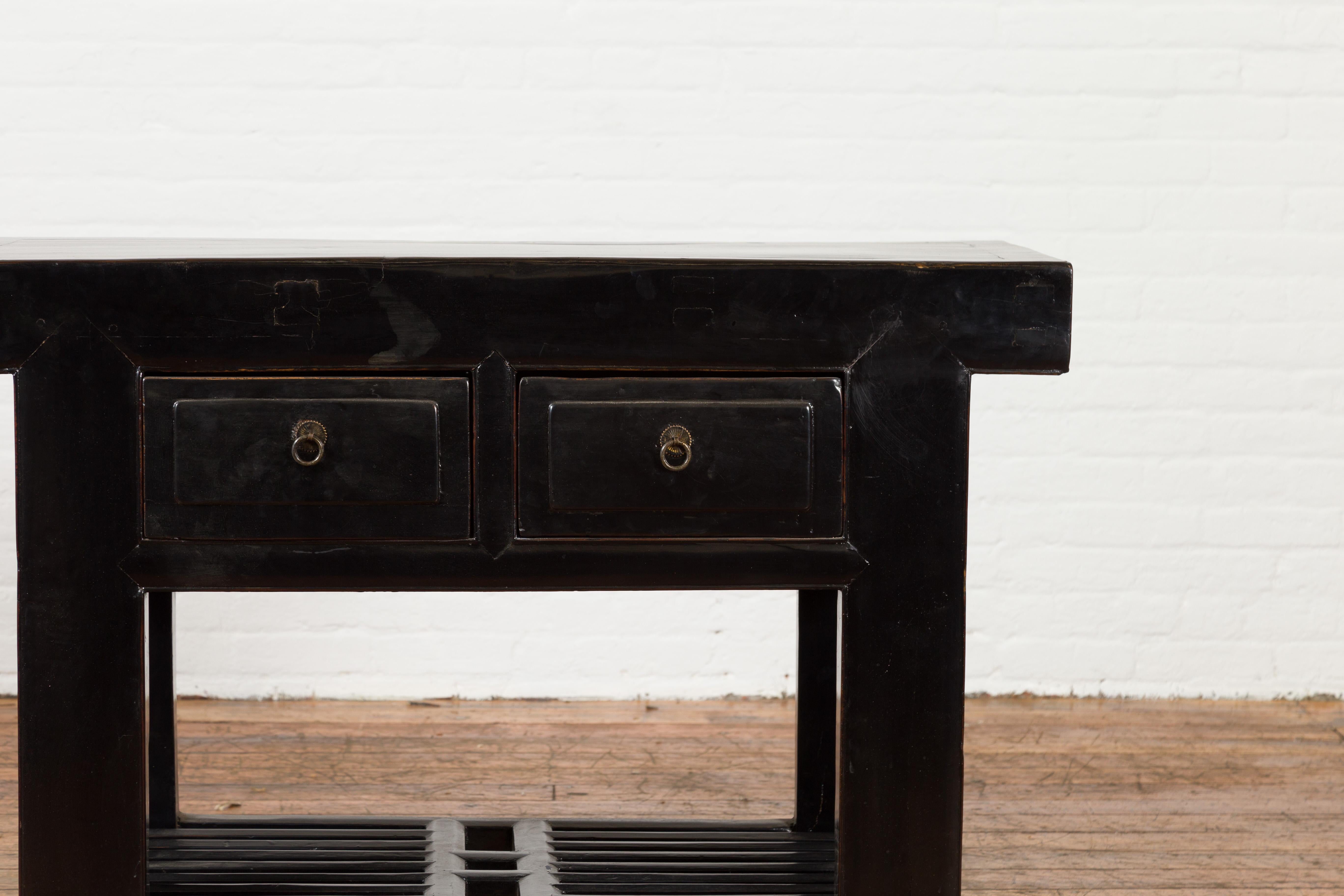 Chinese Early 20th Century Black Lacquered Console Table with Two Drawers In Good Condition For Sale In Yonkers, NY