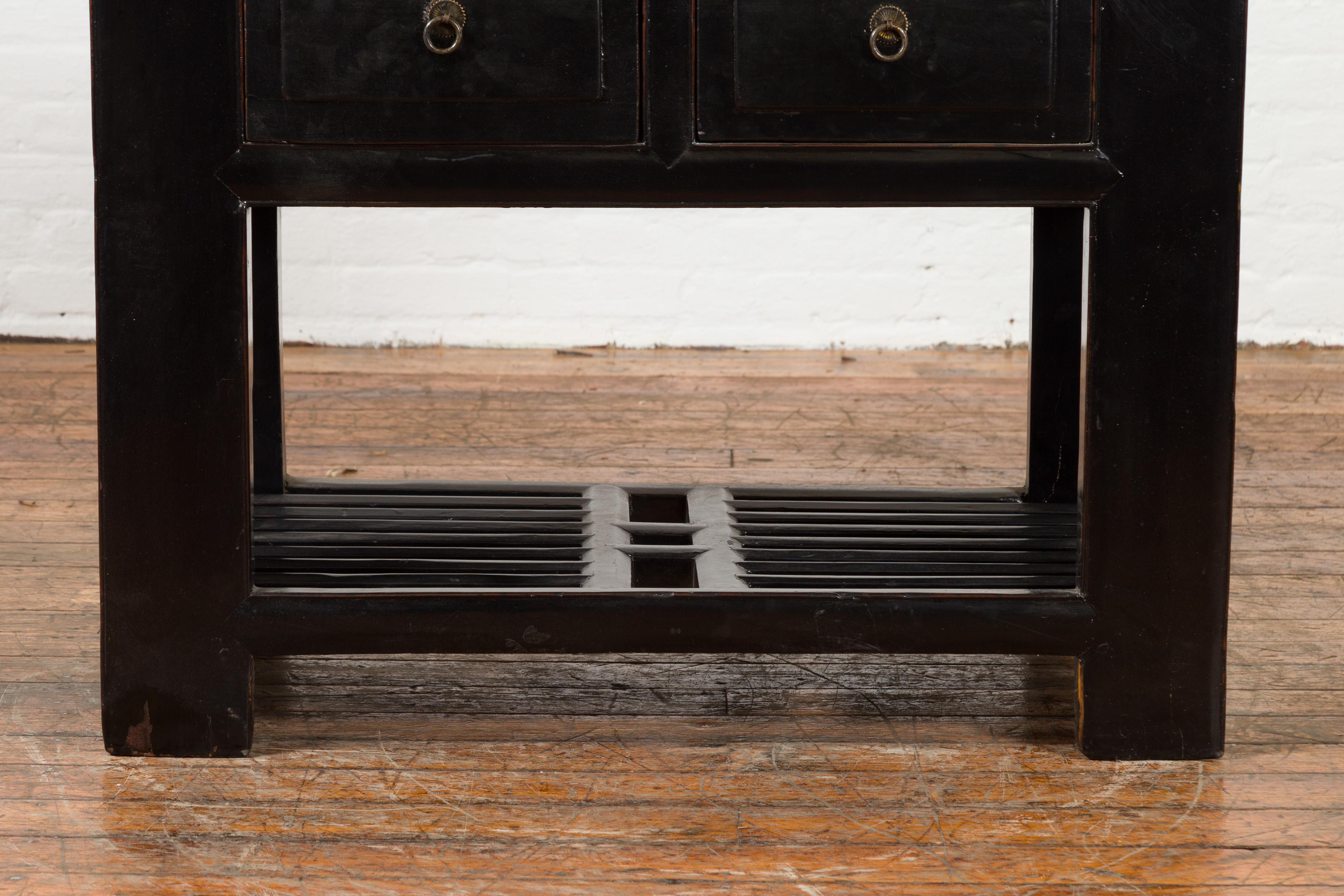 Wood Chinese Early 20th Century Black Lacquered Console Table with Two Drawers For Sale