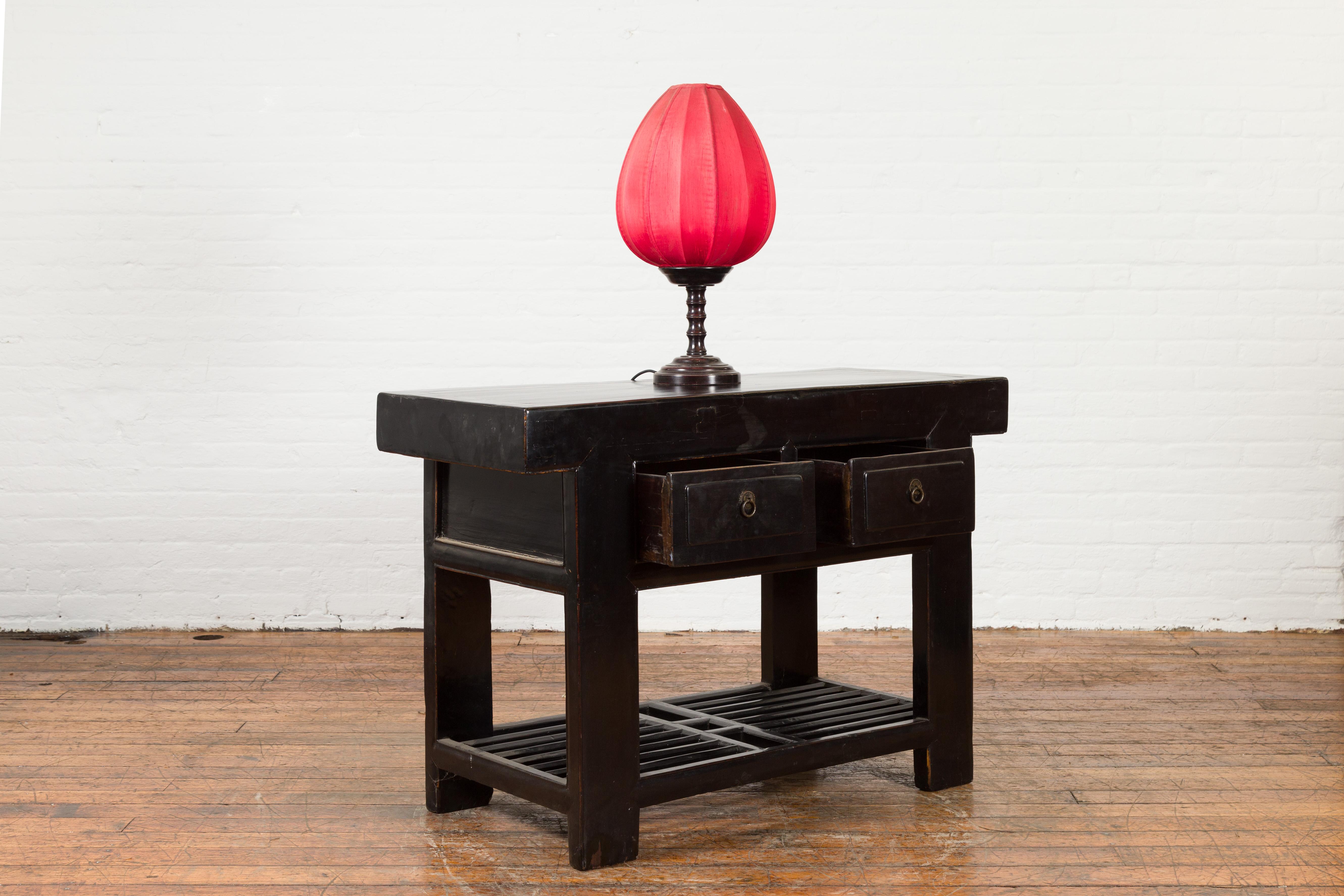 Chinese Early 20th Century Black Lacquered Console Table with Two Drawers For Sale 2
