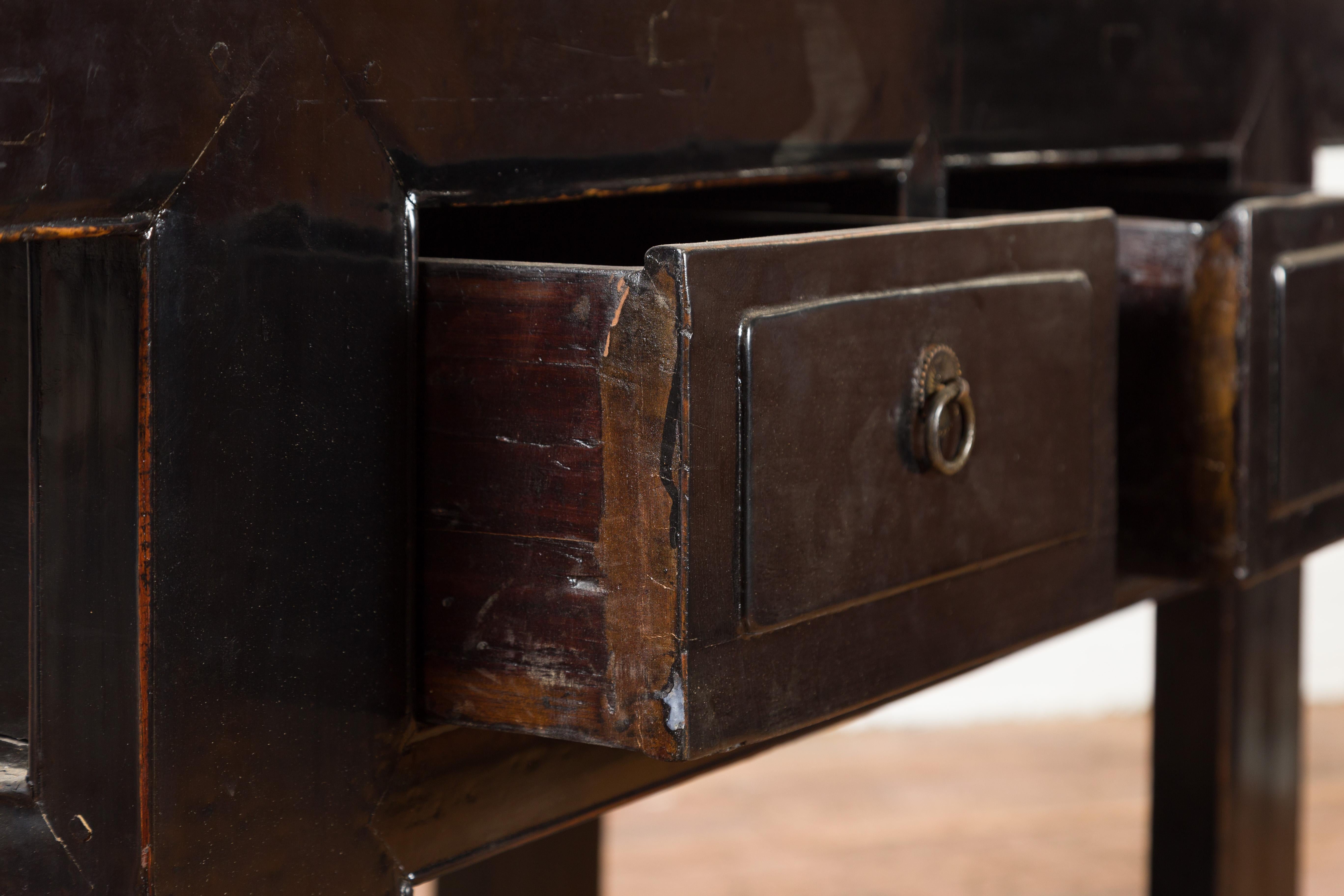 Chinese Early 20th Century Black Lacquered Console Table with Two Drawers For Sale 3