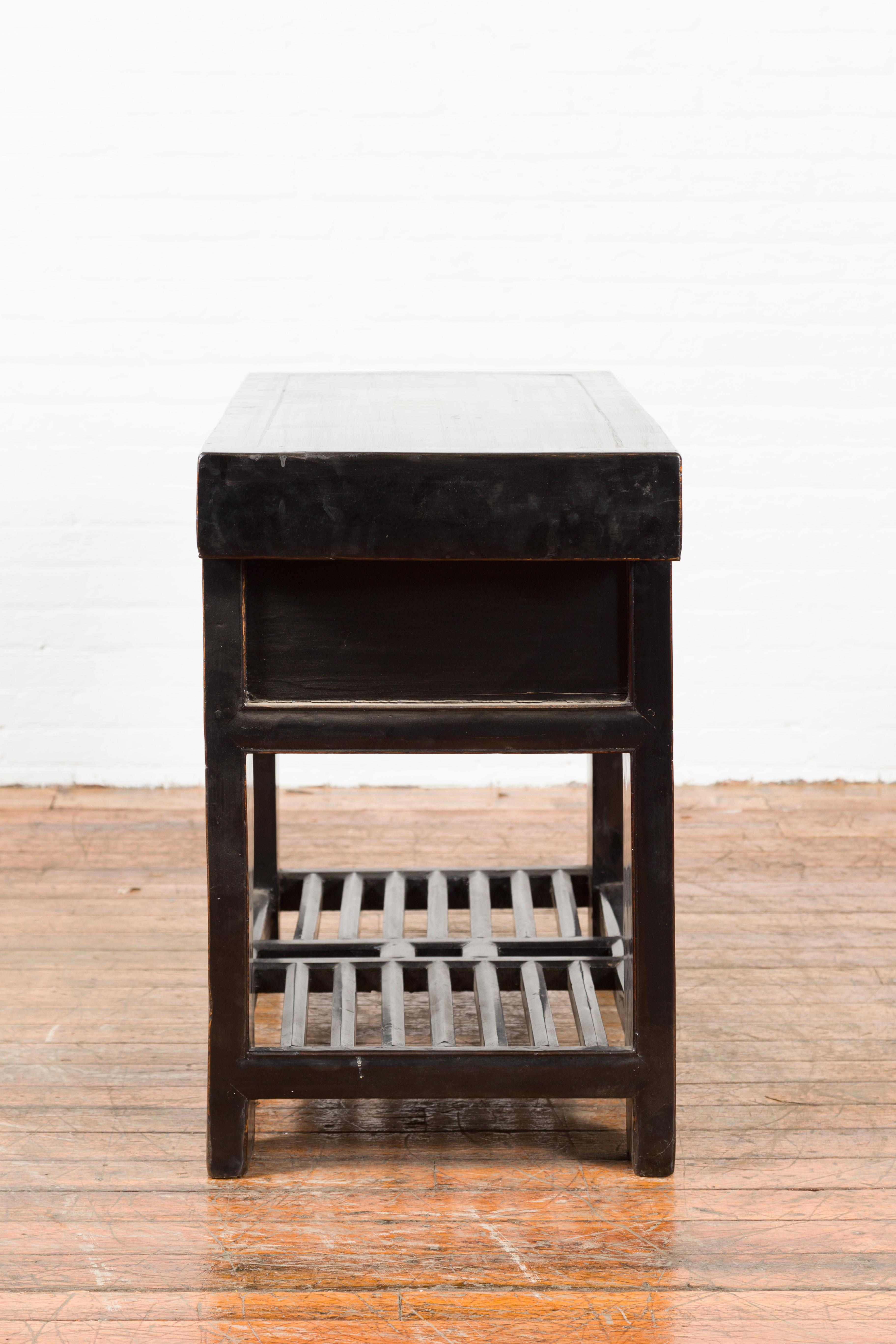 Chinese Early 20th Century Black Lacquered Console Table with Two Drawers For Sale 4