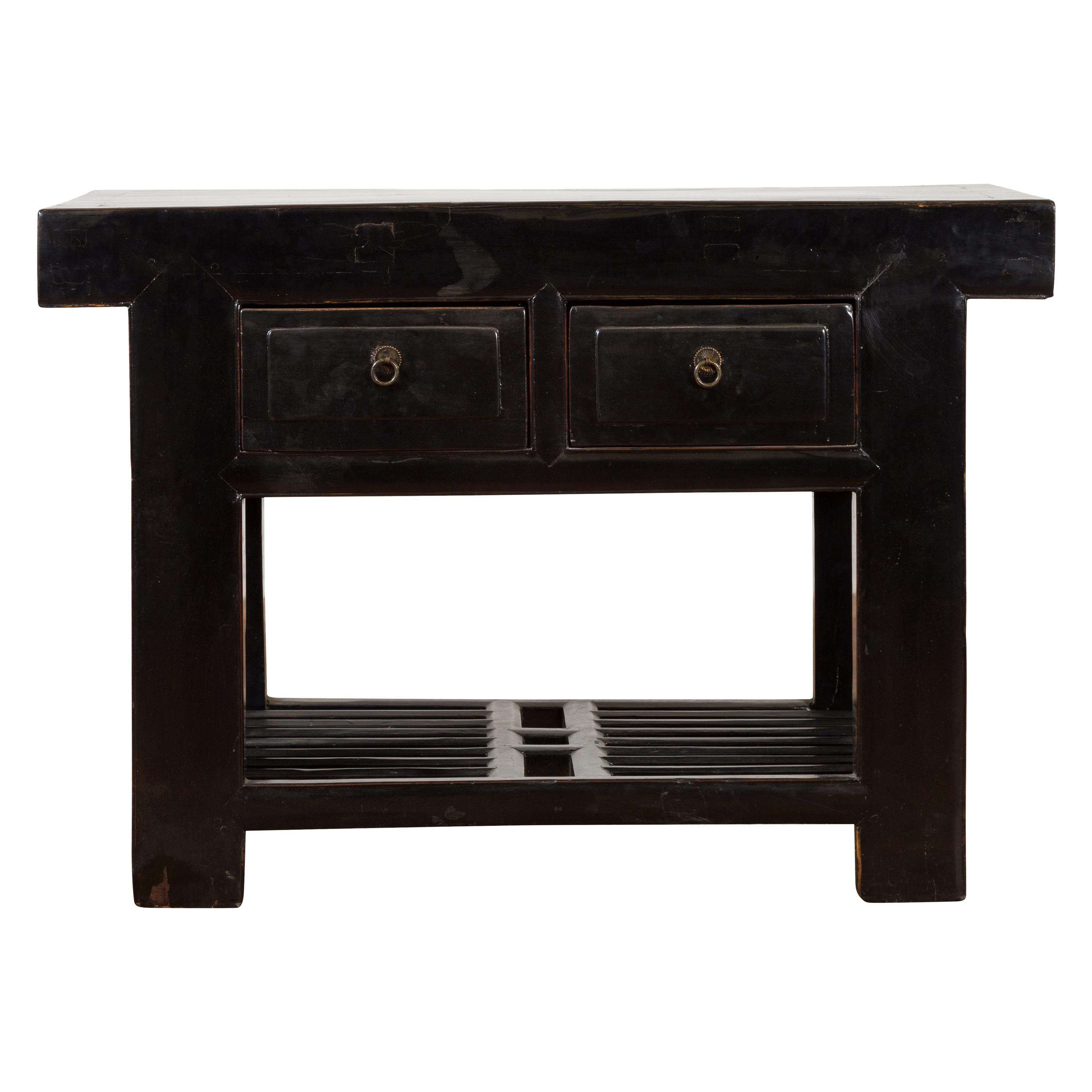 Chinese Early 20th Century Black Lacquered Console Table with Two Drawers For Sale