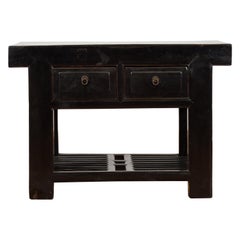 Antique Chinese Early 20th Century Black Lacquered Console Table with Two Drawers