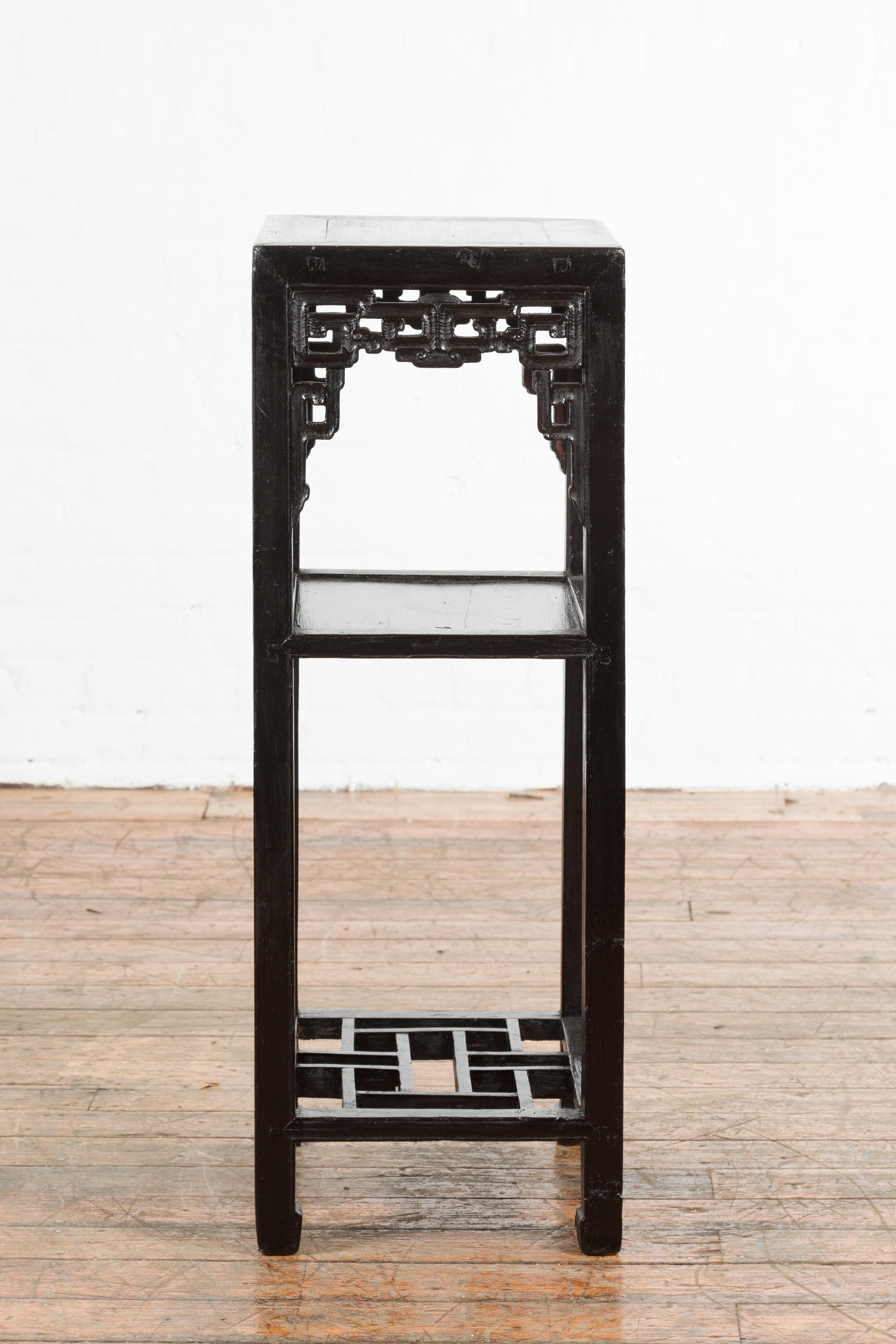 Chinese Early 20th Century Black Lacquered Lamp Table with Fretwork Apron 8
