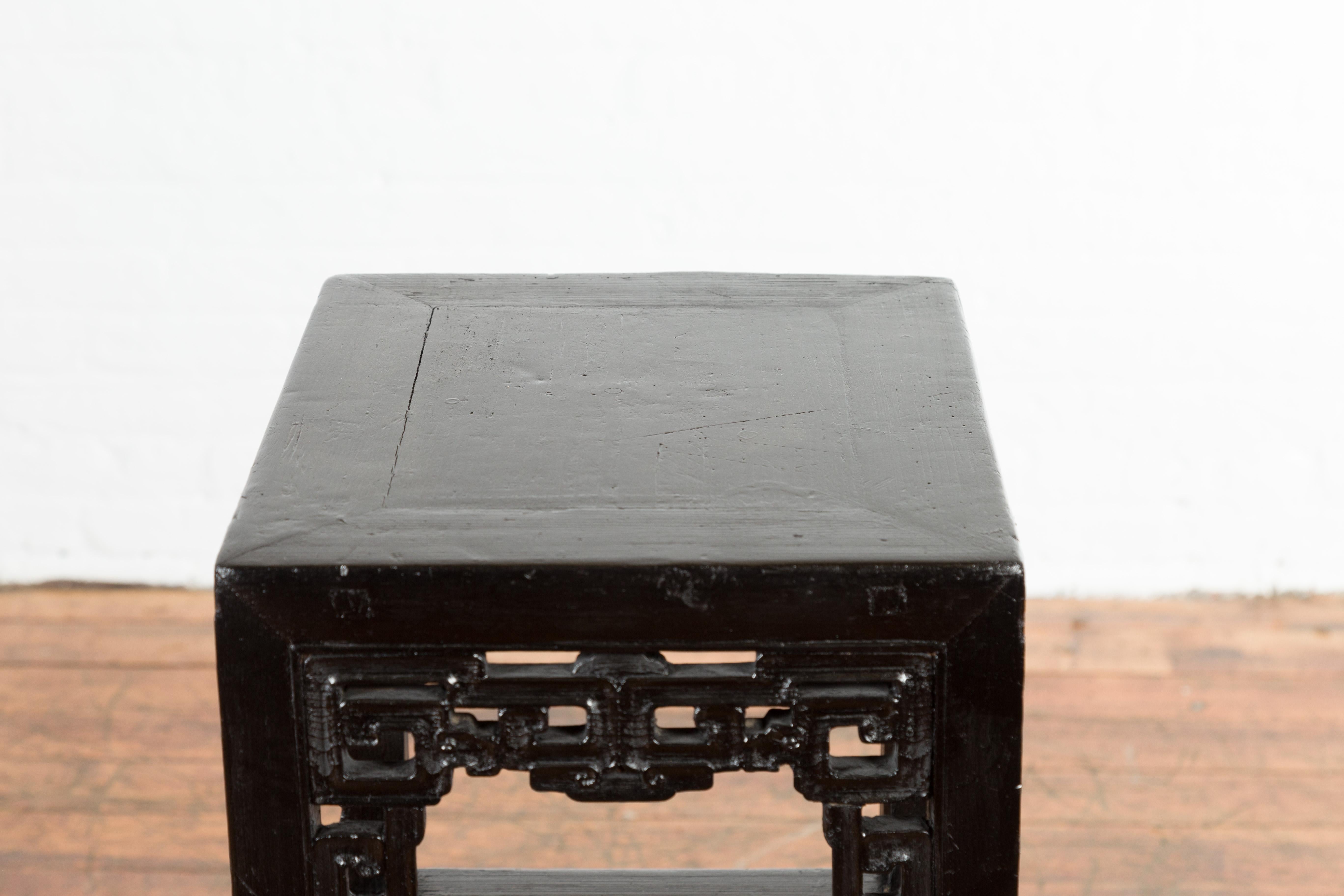 Chinese Early 20th Century Black Lacquered Lamp Table with Fretwork Apron 9