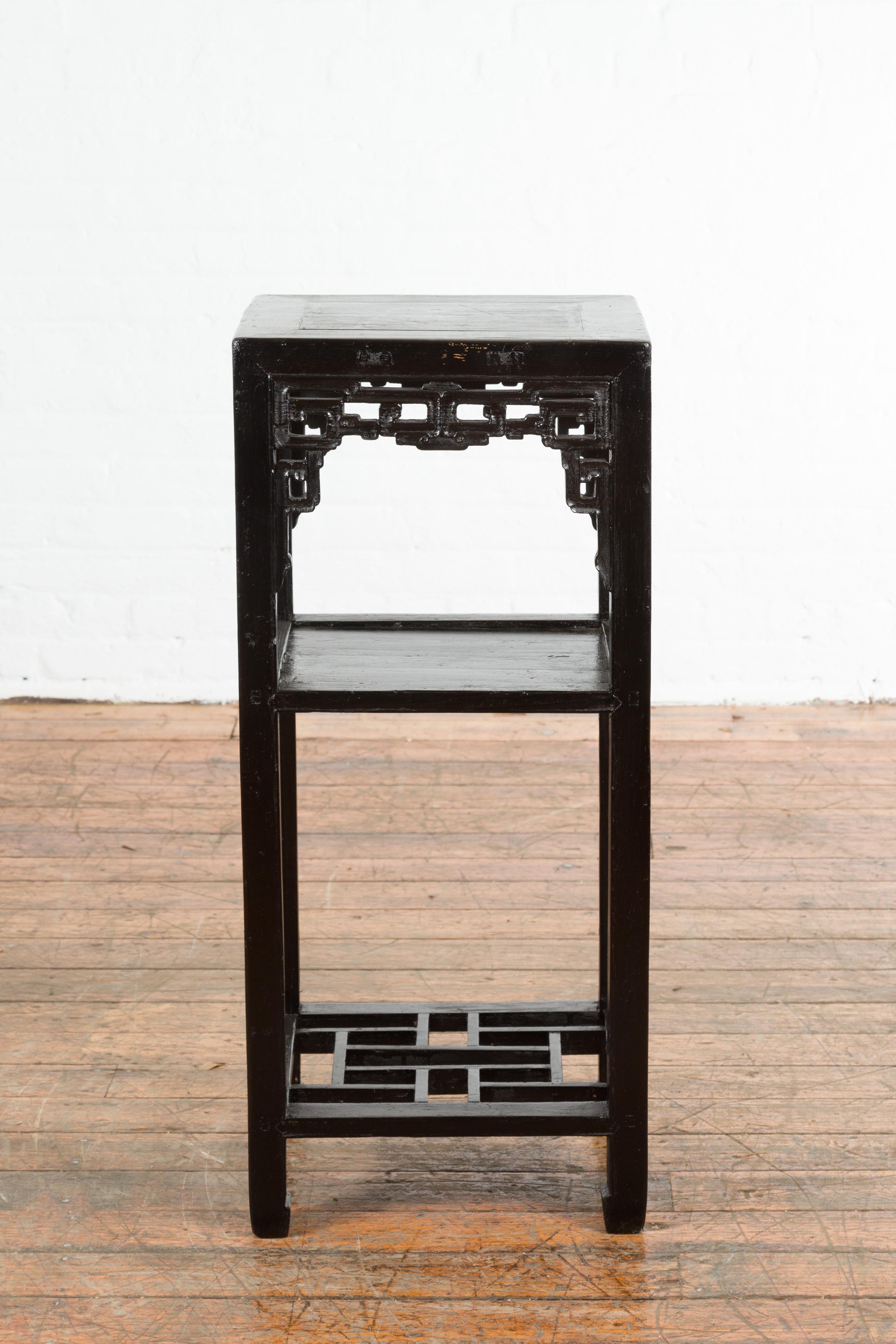 Chinese Early 20th Century Black Lacquered Lamp Table with Fretwork Apron In Good Condition In Yonkers, NY