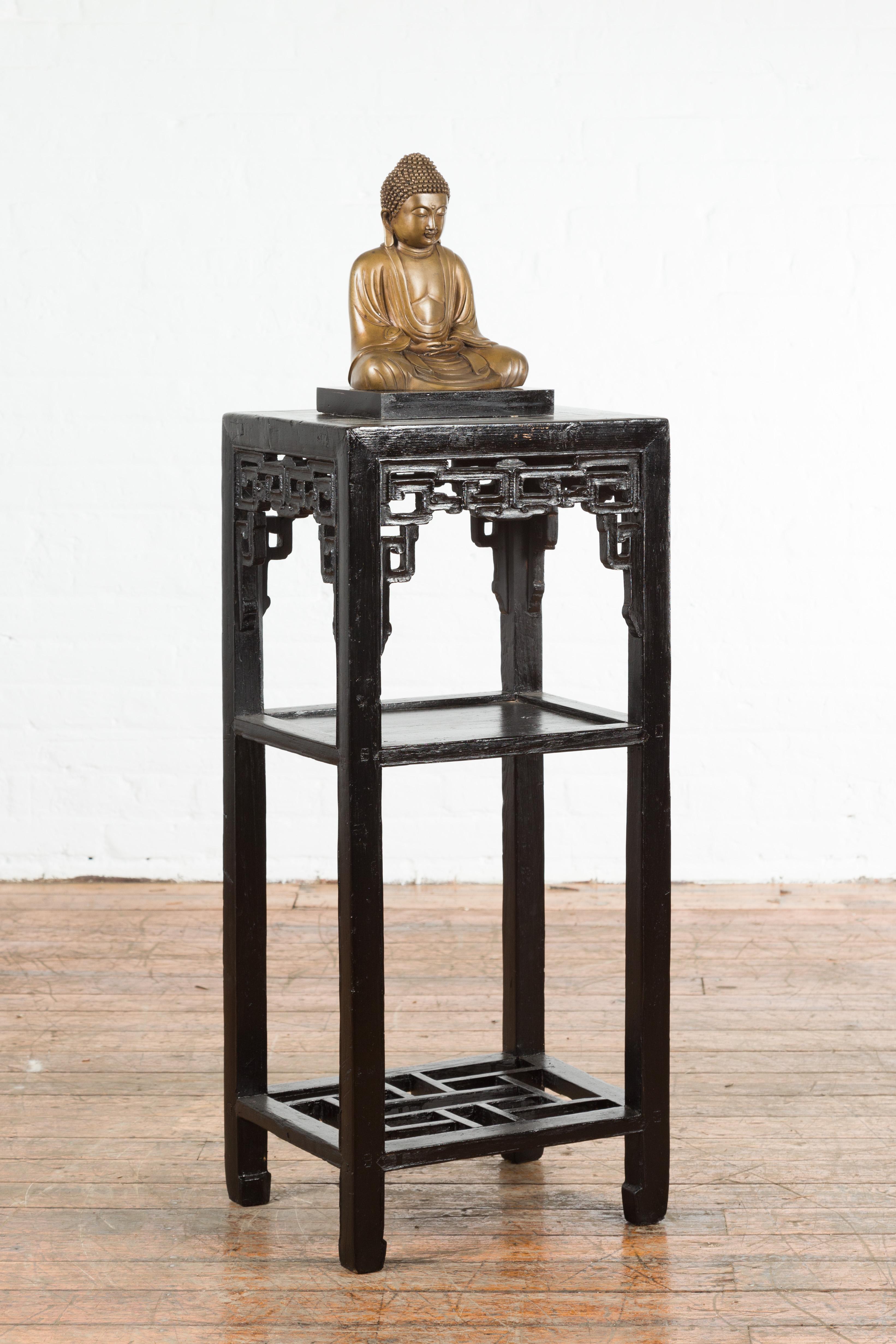 Wood Chinese Early 20th Century Black Lacquered Lamp Table with Fretwork Apron