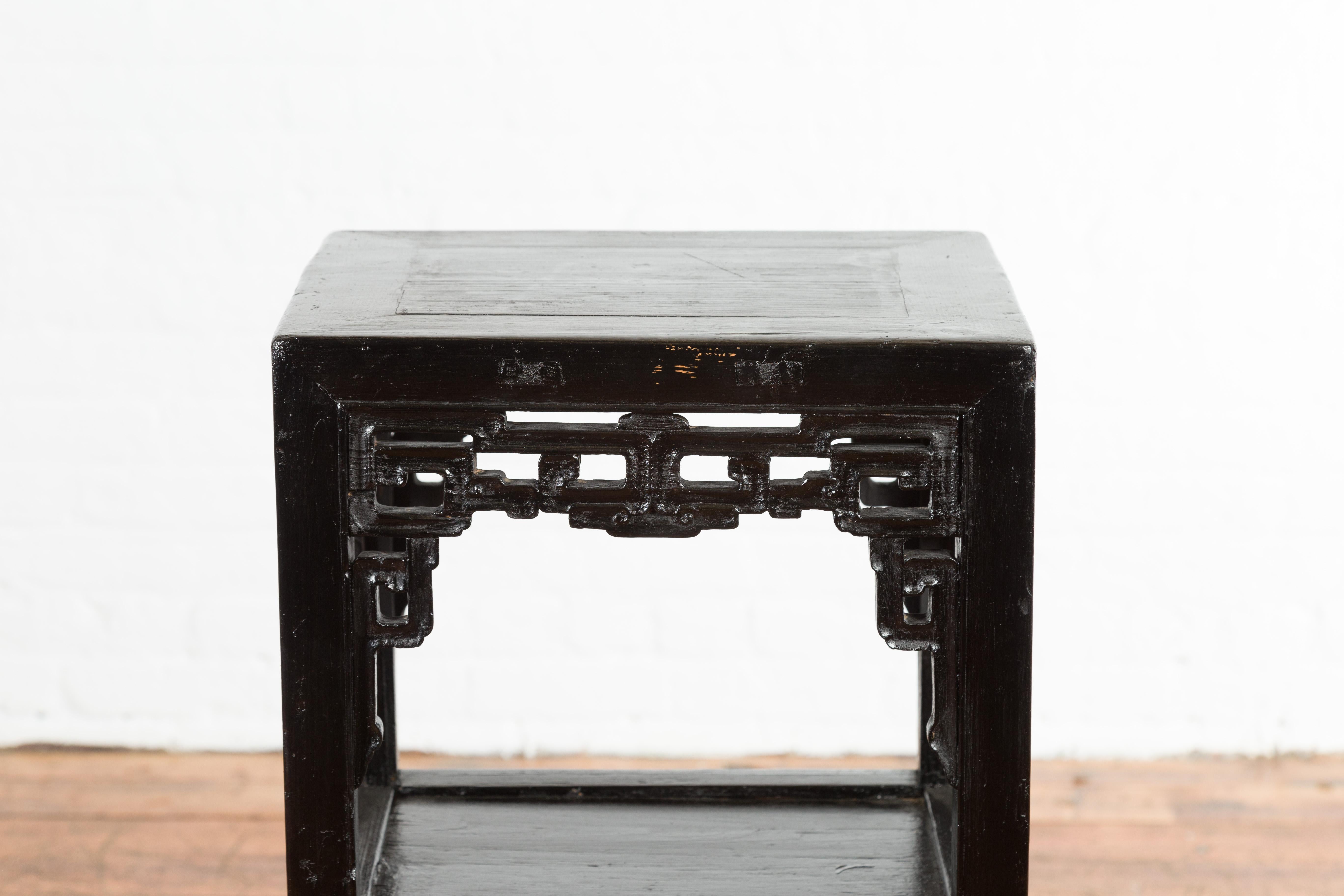 Chinese Early 20th Century Black Lacquered Lamp Table with Fretwork Apron 2