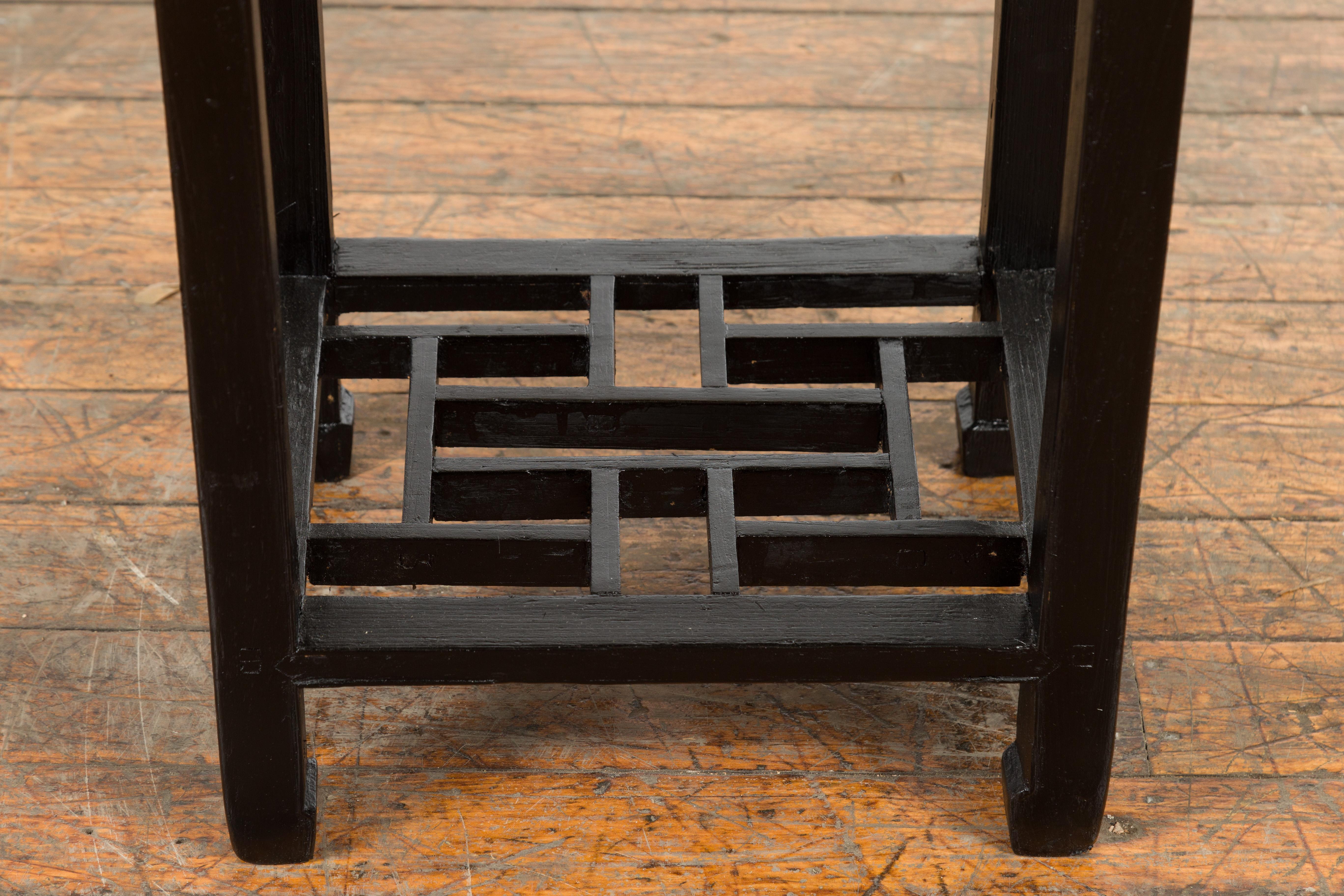Chinese Early 20th Century Black Lacquered Lamp Table with Fretwork Apron 4