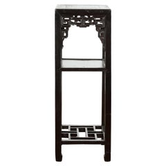 Chinese Early 20th Century Black Lacquered Lamp Table with Fretwork Apron