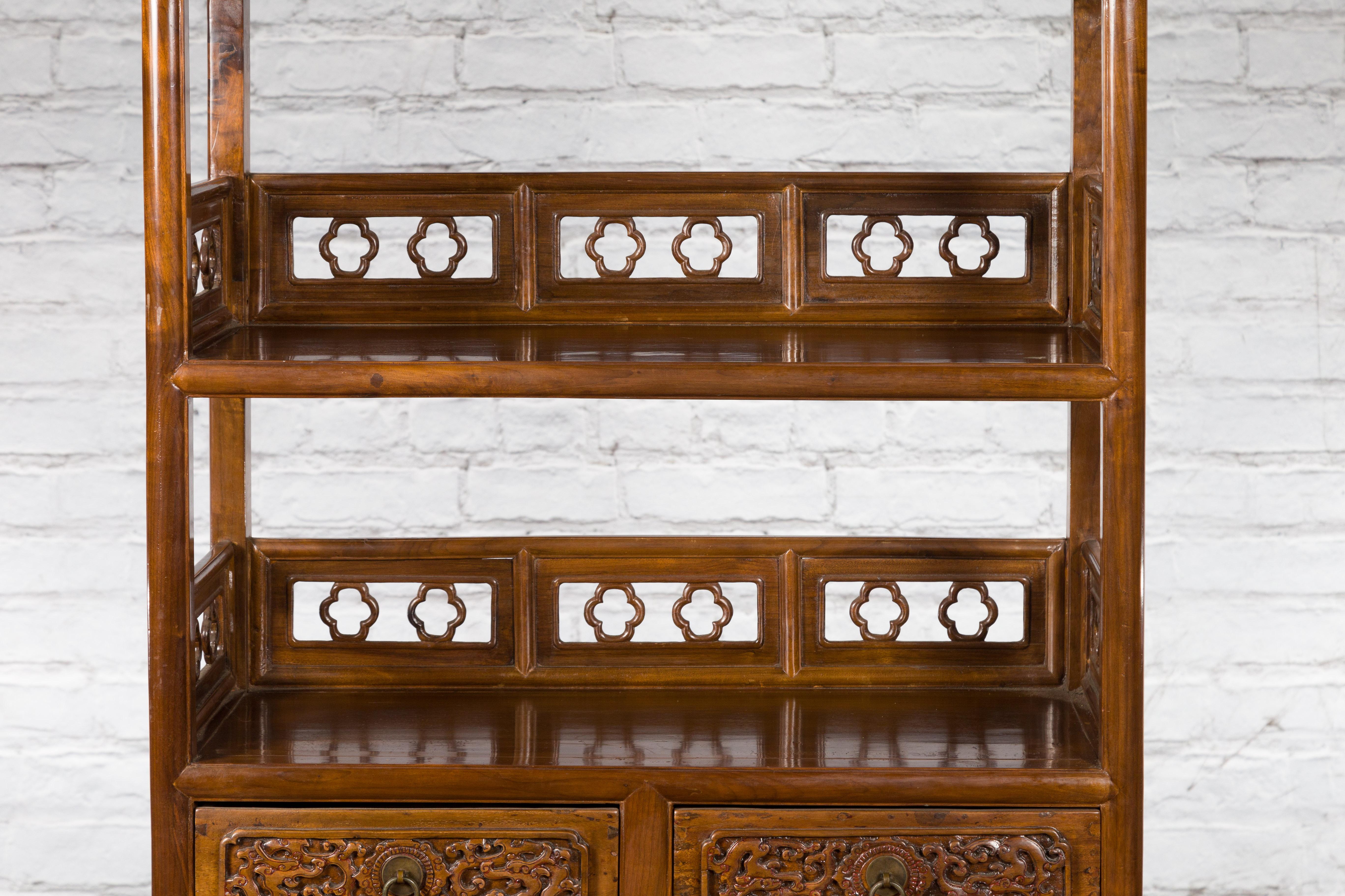 Chinese Early 20th Century Bookcase with Open Shelves, Drawer and Carved Doors For Sale 8