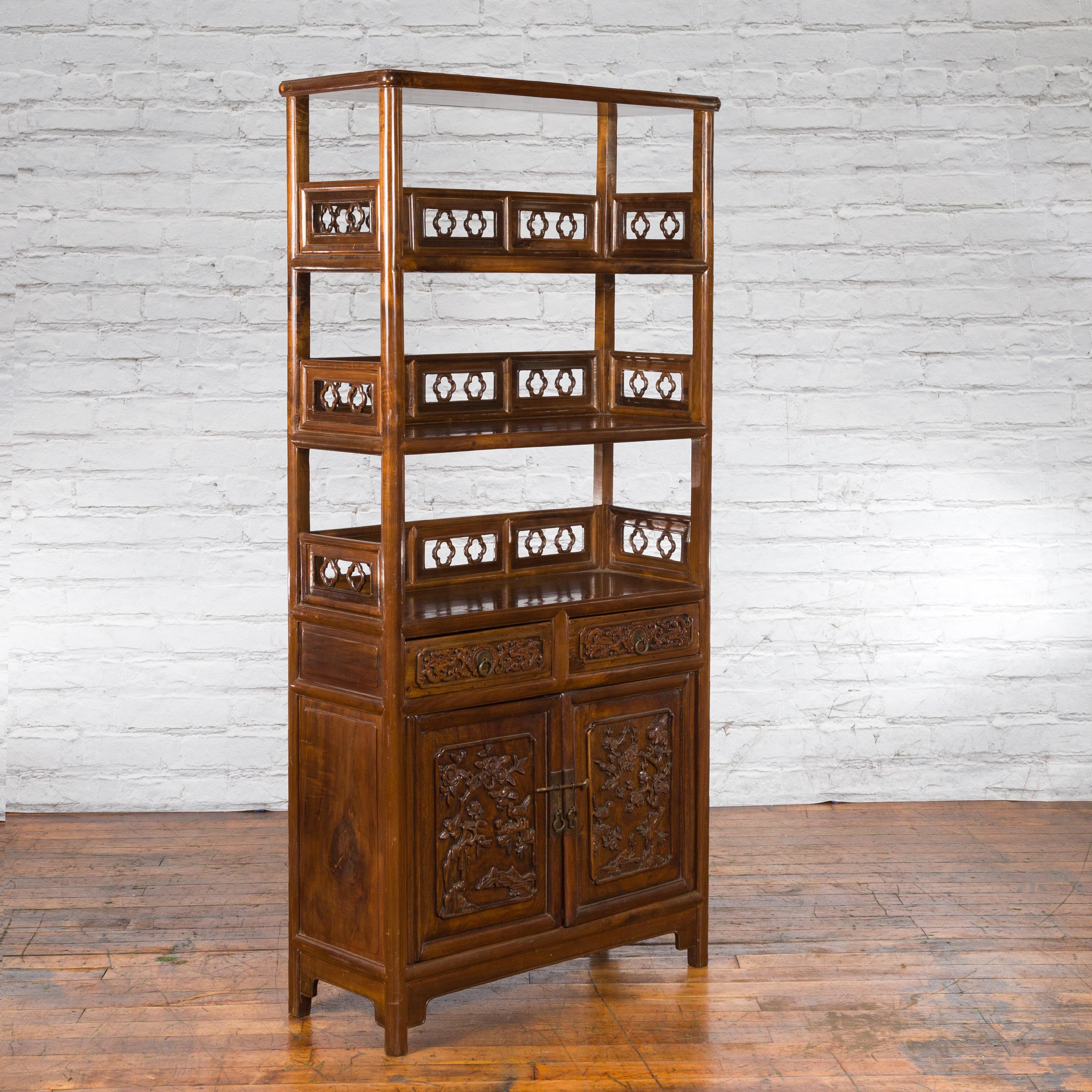 Wood Chinese Early 20th Century Bookcase with Open Shelves, Drawer and Carved Doors For Sale