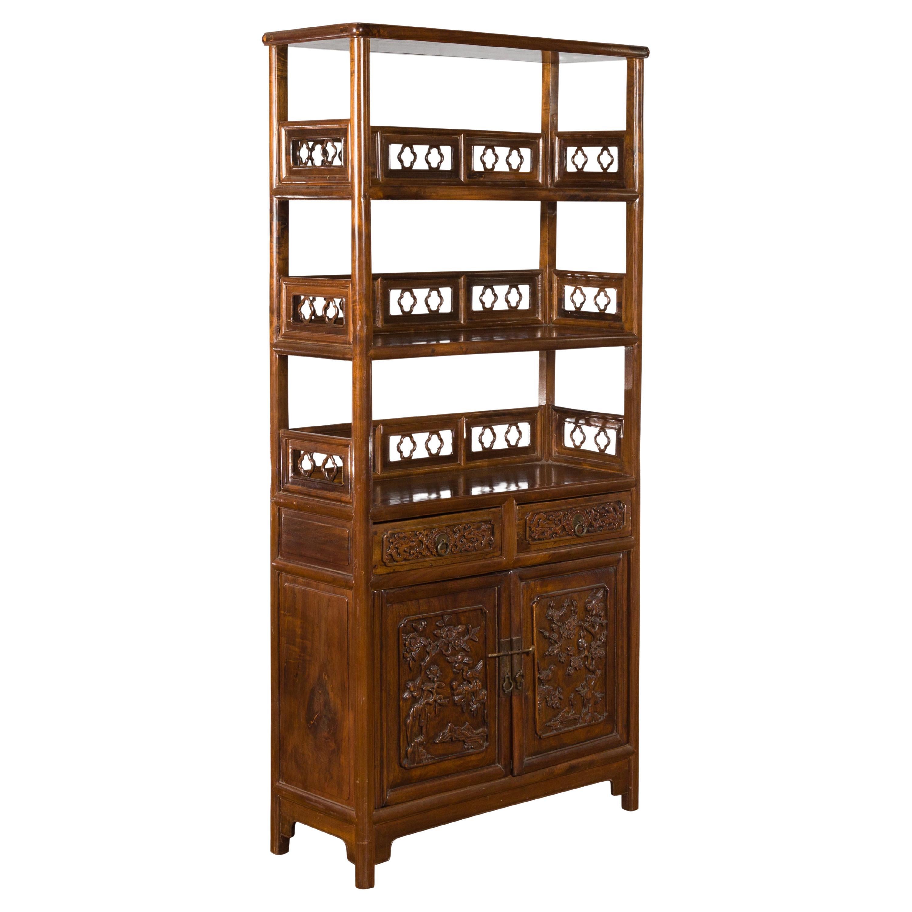 Chinese Early 20th Century Bookcase with Open Shelves, Drawer and Carved Doors For Sale