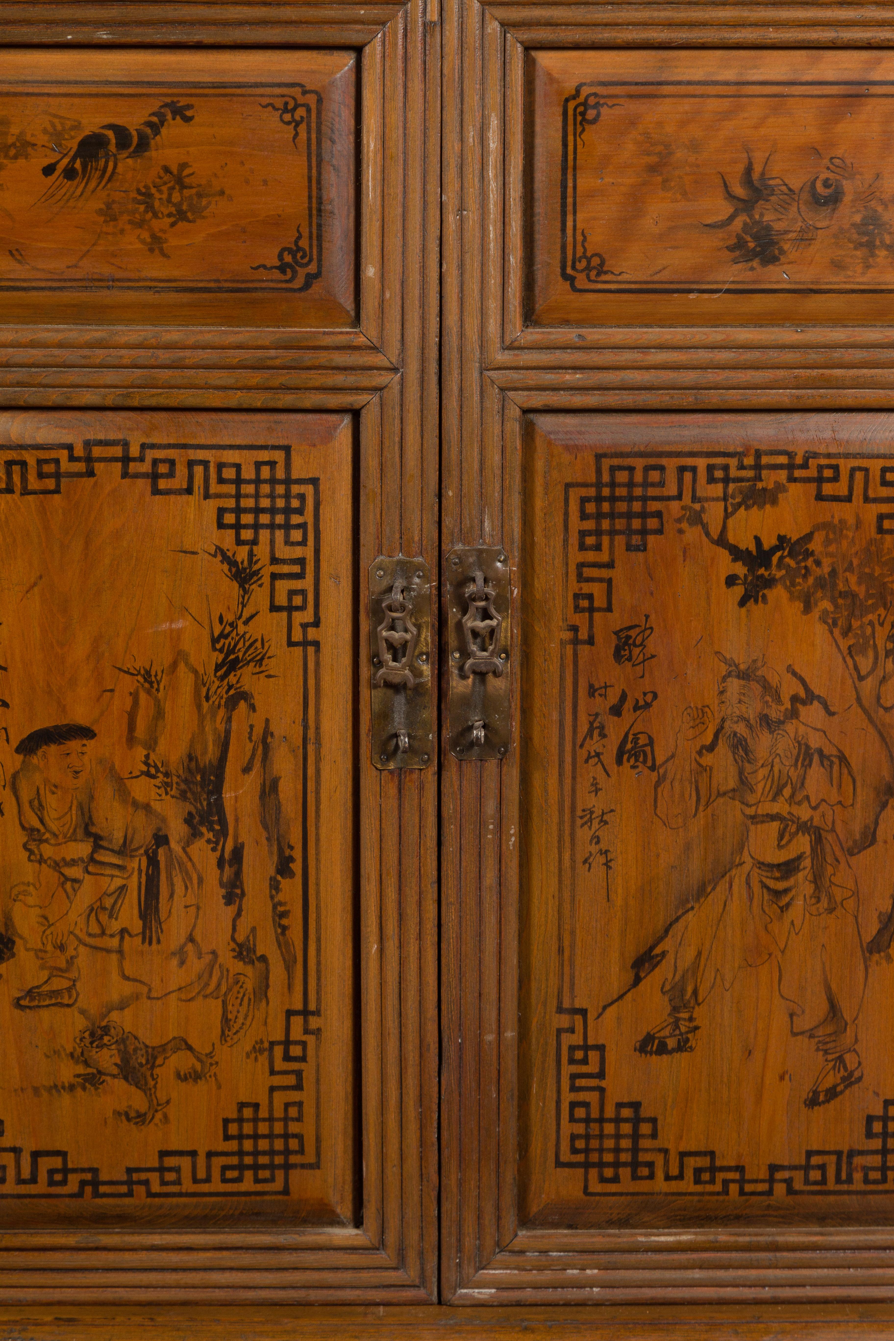 Chinese Early 20th Century Cabinet with Hand-Painted Décor, Doors and Drawers For Sale 6