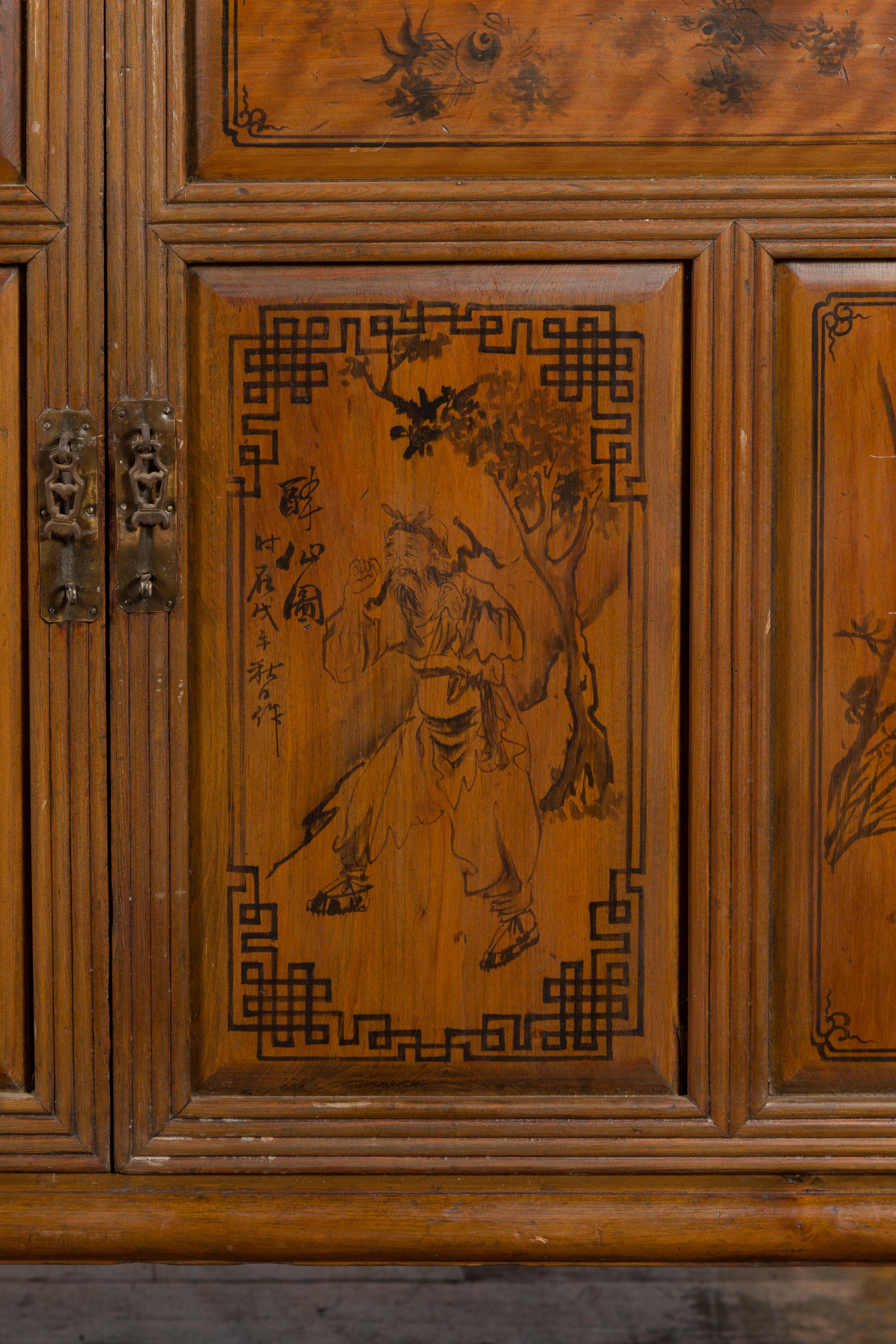 Chinese Early 20th Century Cabinet with Hand-Painted Décor, Doors and Drawers For Sale 8