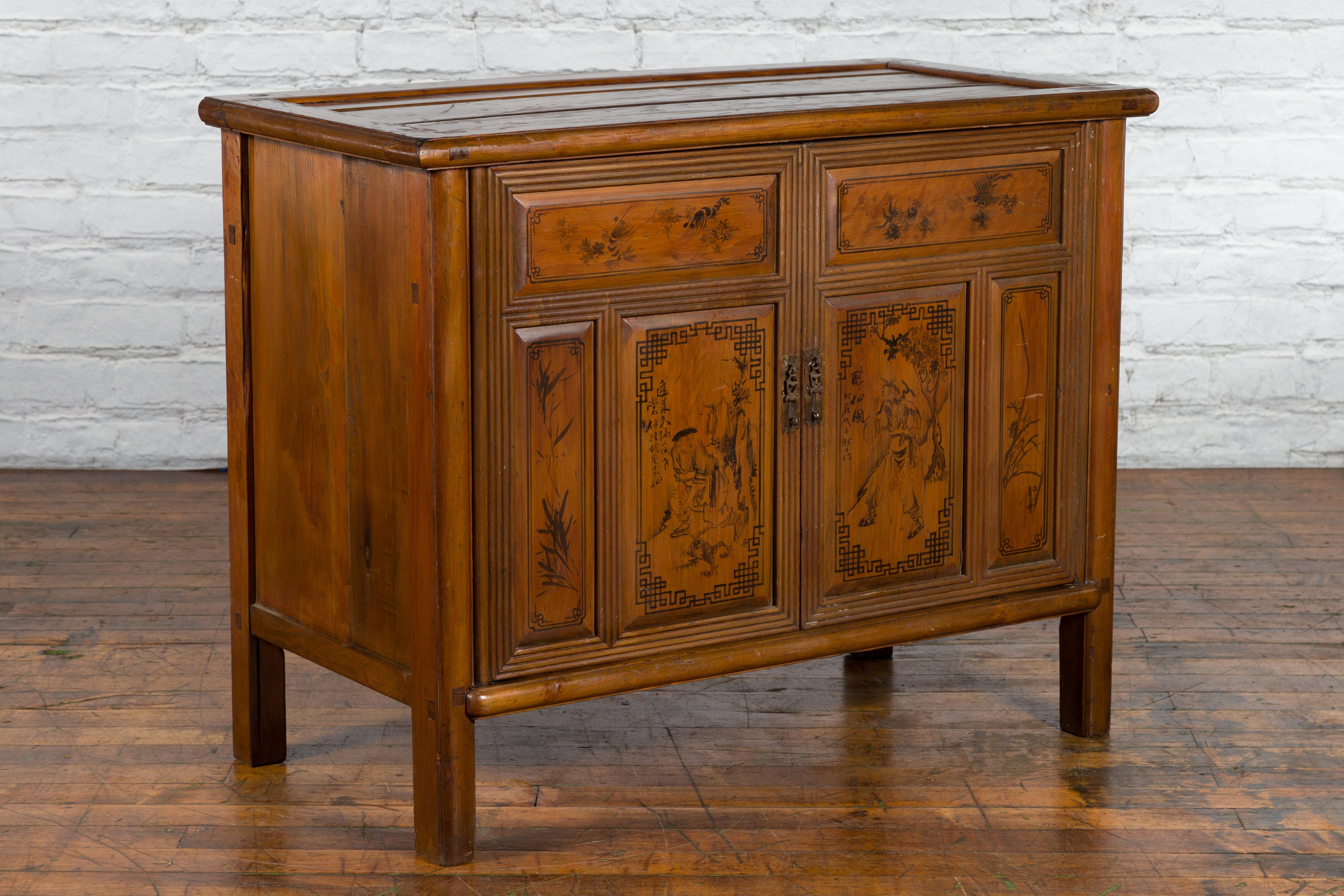 Wood Chinese Early 20th Century Cabinet with Hand-Painted Décor, Doors and Drawers For Sale