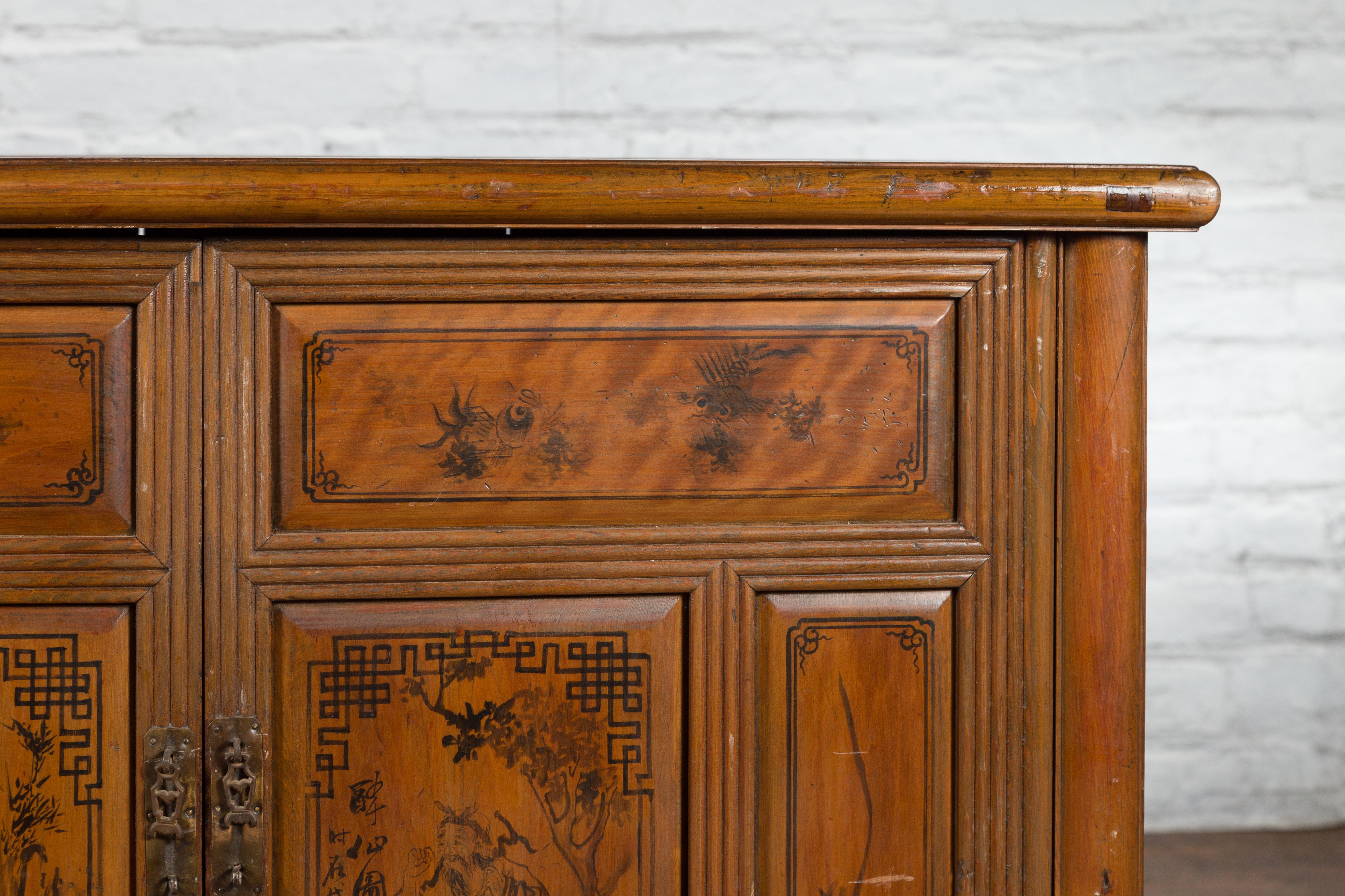 Chinese Early 20th Century Cabinet with Hand-Painted Décor, Doors and Drawers For Sale 3