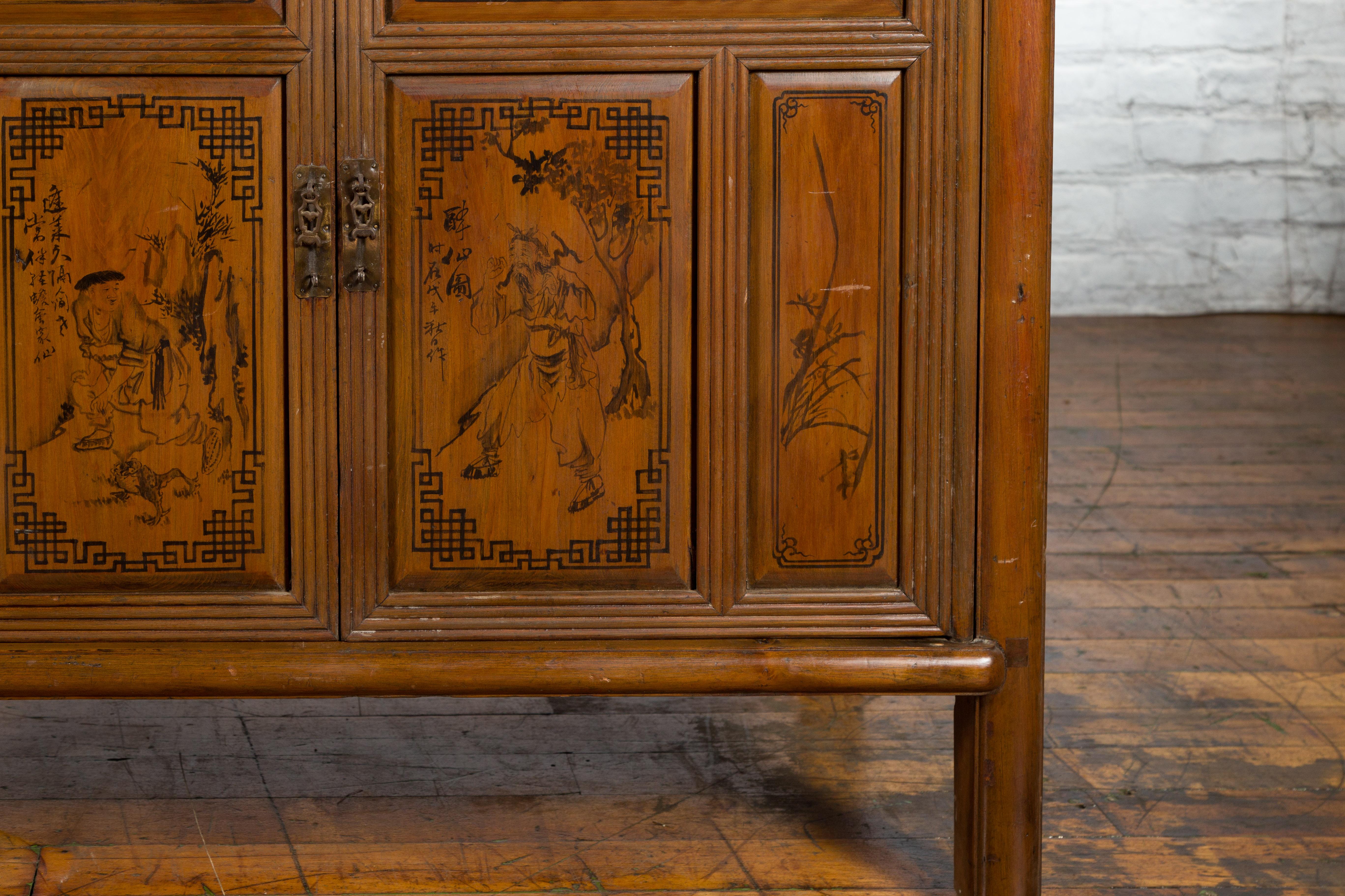 Chinese Early 20th Century Cabinet with Hand-Painted Décor, Doors and Drawers For Sale 5