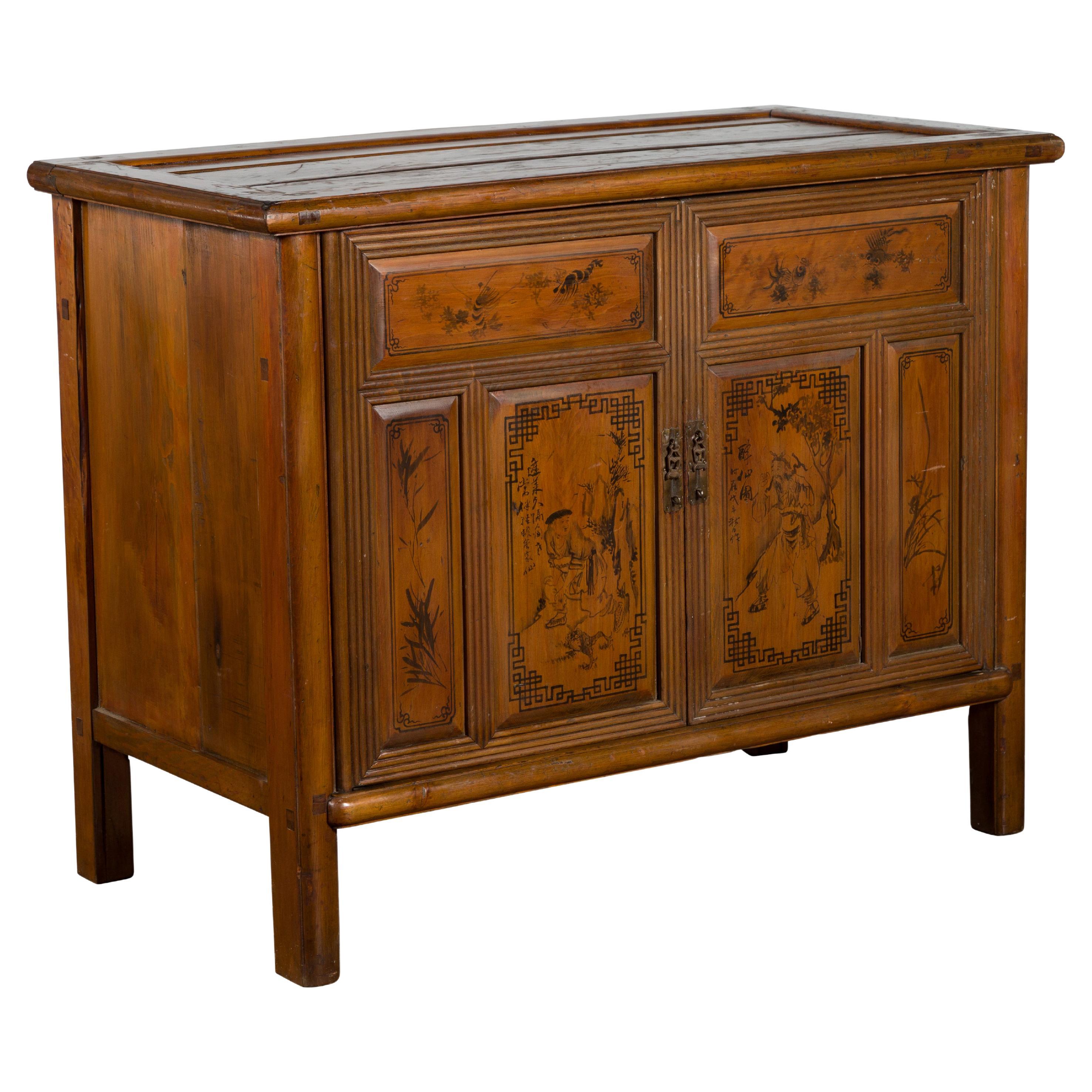 Chinese Early 20th Century Cabinet with Hand-Painted Décor, Doors and Drawers For Sale