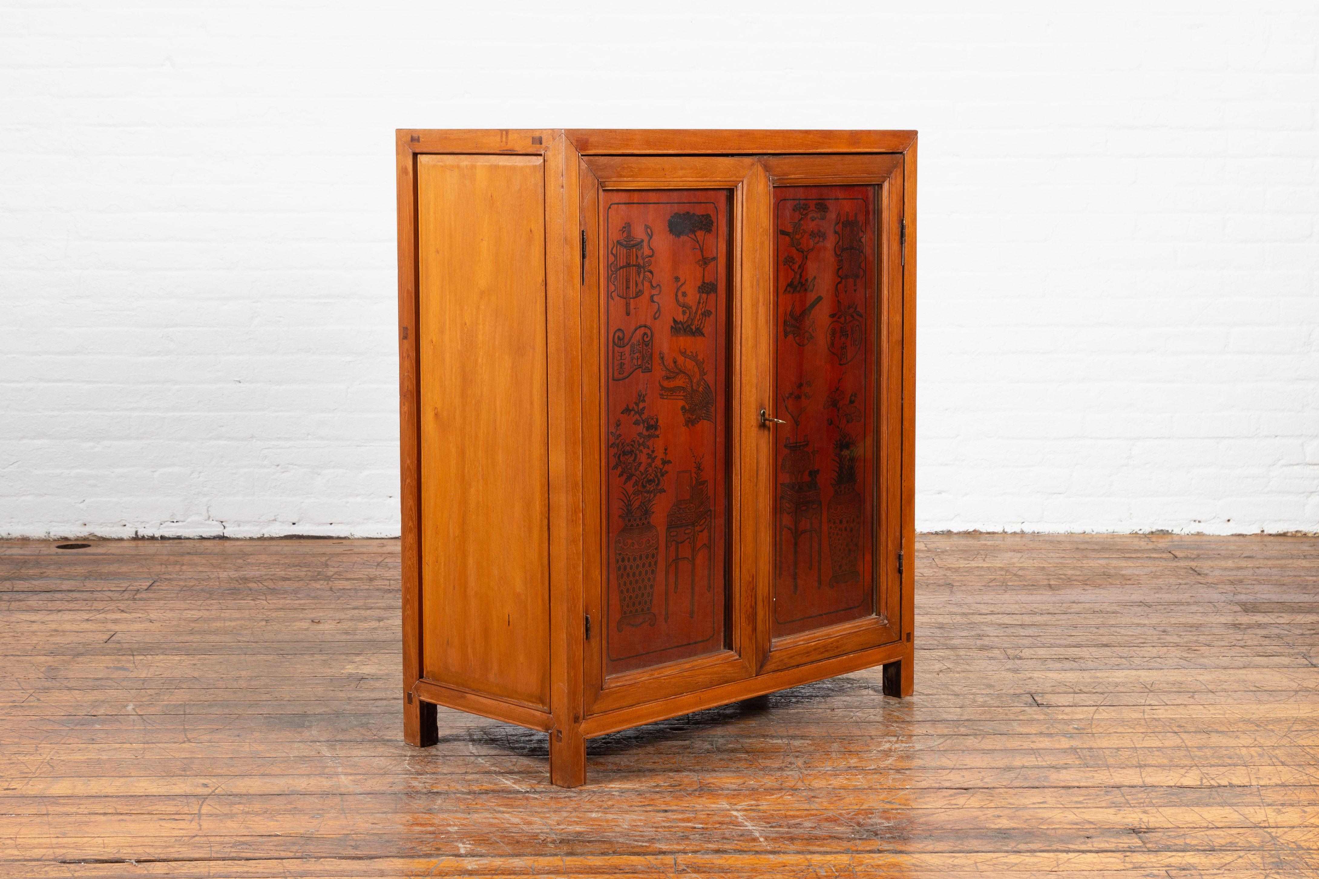 Hand-Painted Chinese Early 20th Century Cabinet with Ink-Decorated Panels under Glass For Sale
