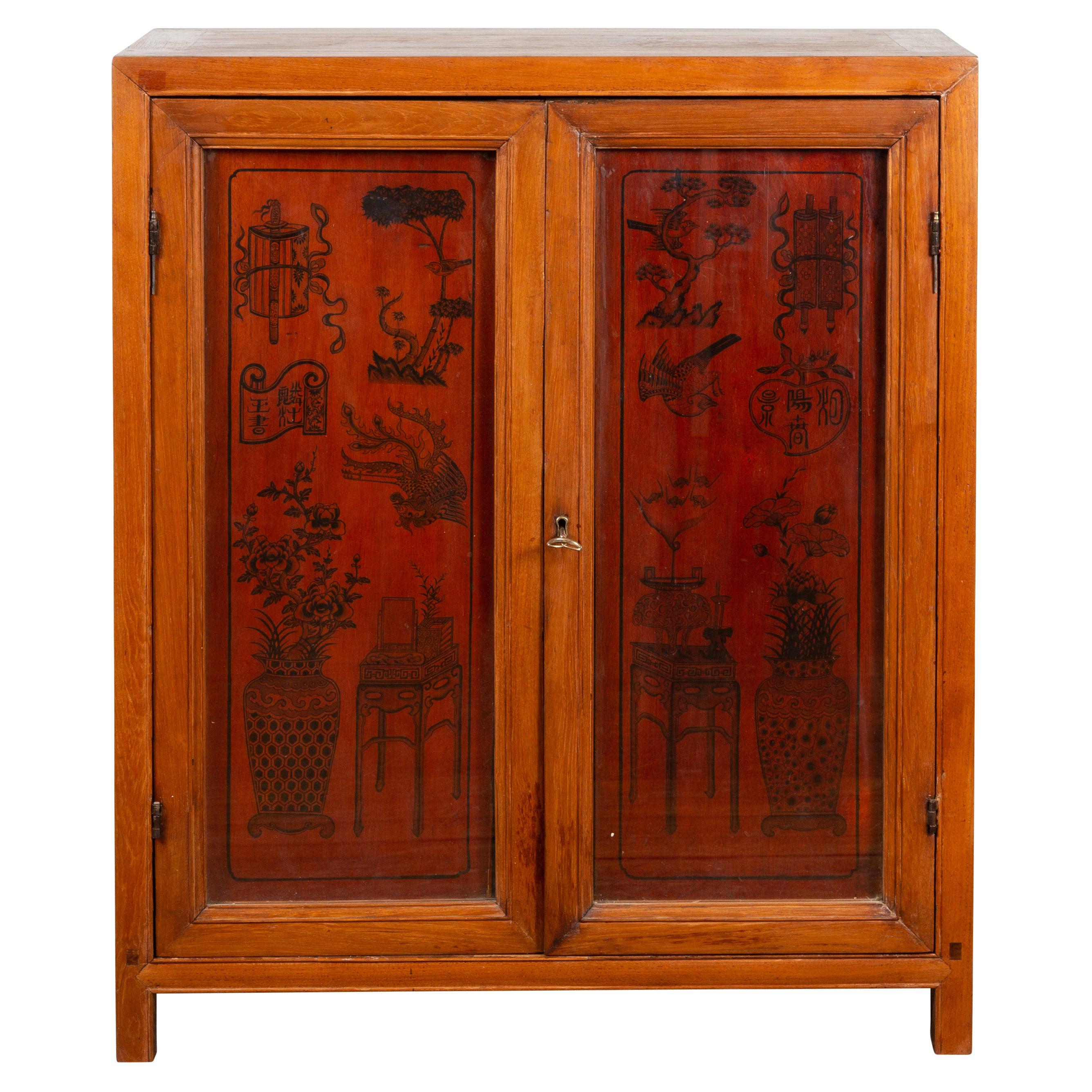 Chinese Early 20th Century Cabinet with Ink-Decorated Panels under Glass