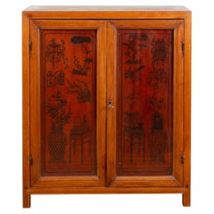 Antique Chinese Early 20th Century Cabinet with Ink-Decorated Panels under Glass