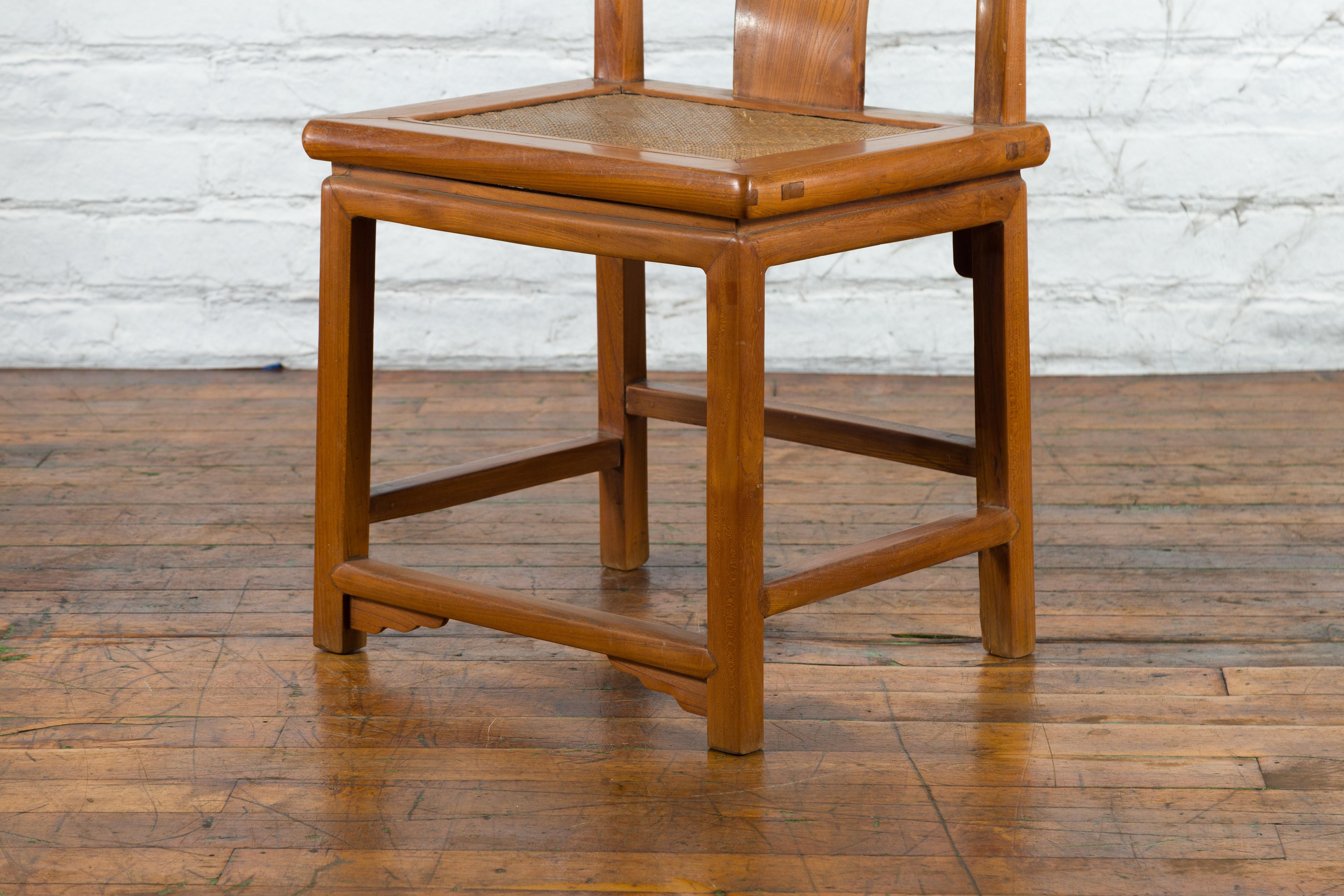 Chinese Early 20th Century Carved Elmwood Side Chair with Rattan Seat For Sale 11