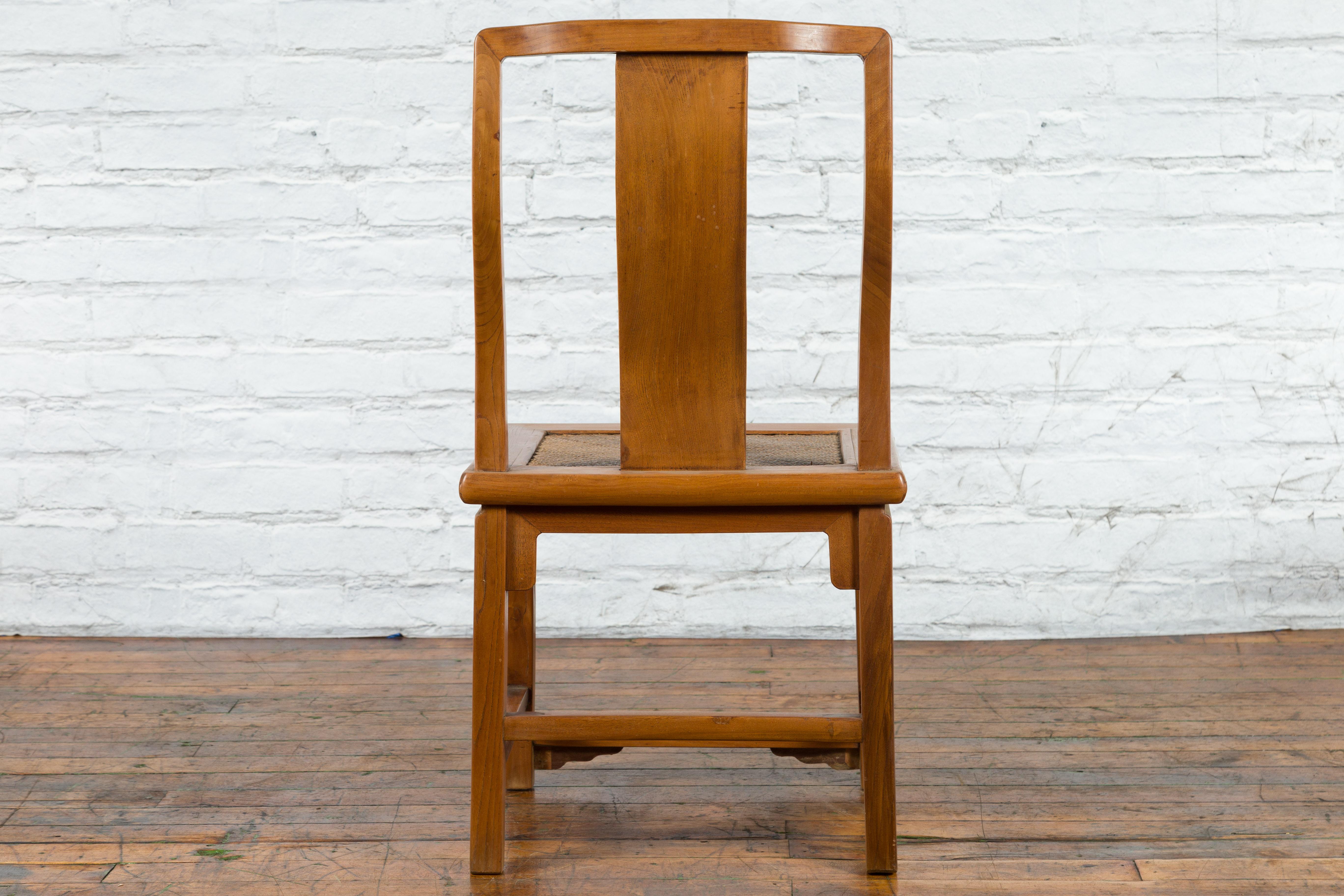 Chinese Early 20th Century Carved Elmwood Side Chair with Rattan Seat For Sale 4