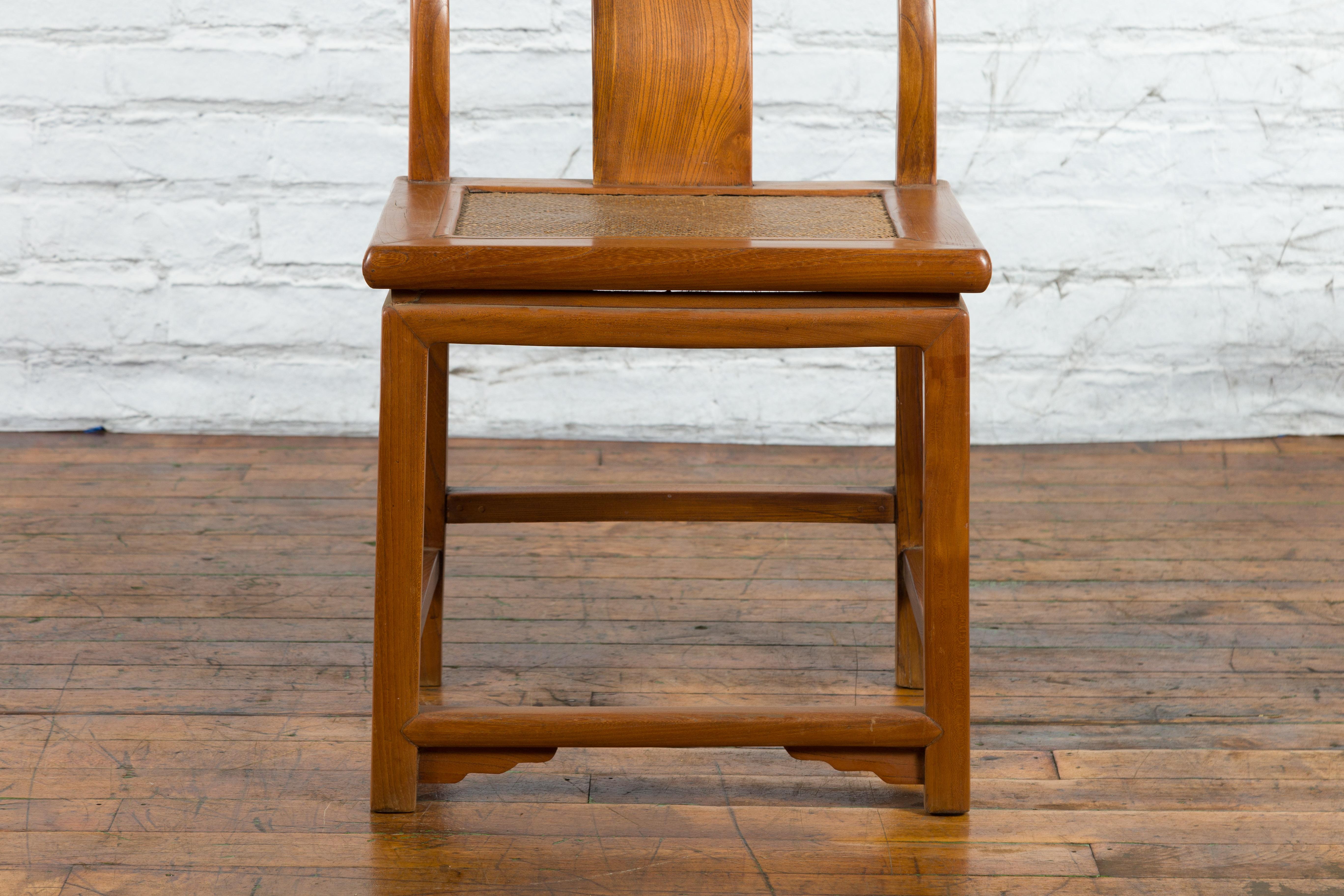 Chinese Early 20th Century Carved Elmwood Side Chair with Rattan Seat For Sale 6