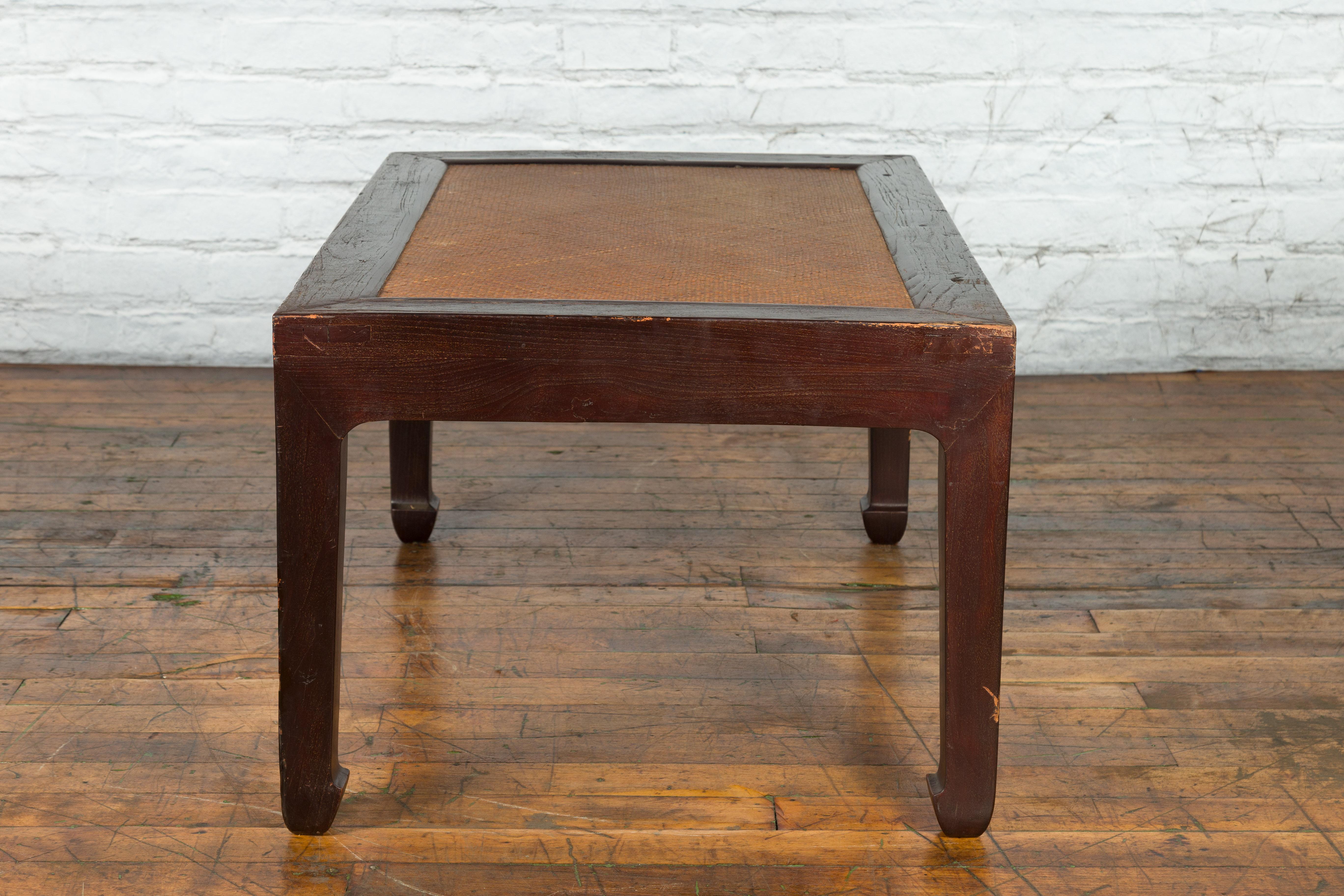 Chinese Early 20th Century Dark Brown Elm Coffee Table with Rattan Inset Top For Sale 9
