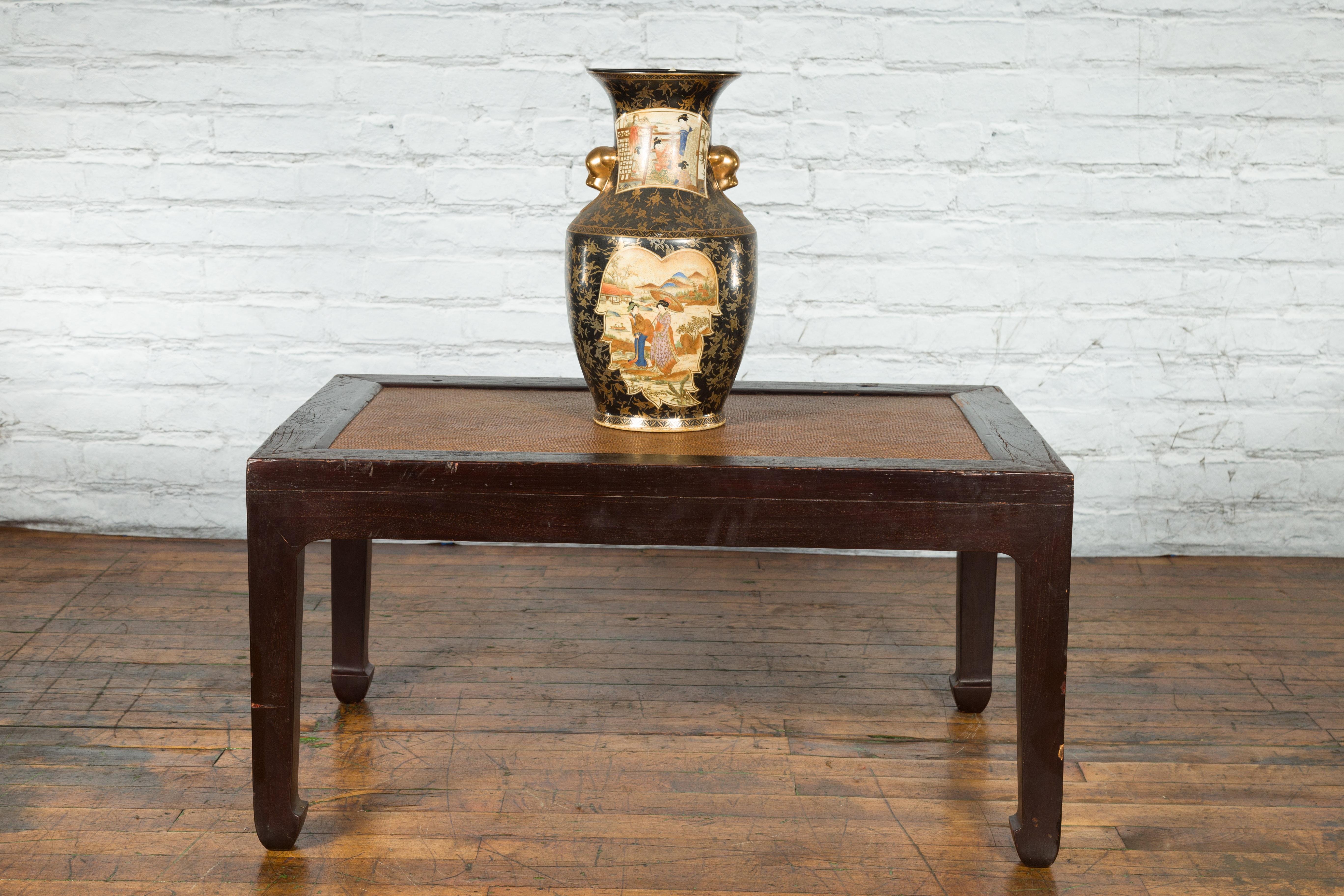 Chinese Early 20th Century Dark Brown Elm Coffee Table with Rattan Inset Top In Good Condition For Sale In Yonkers, NY