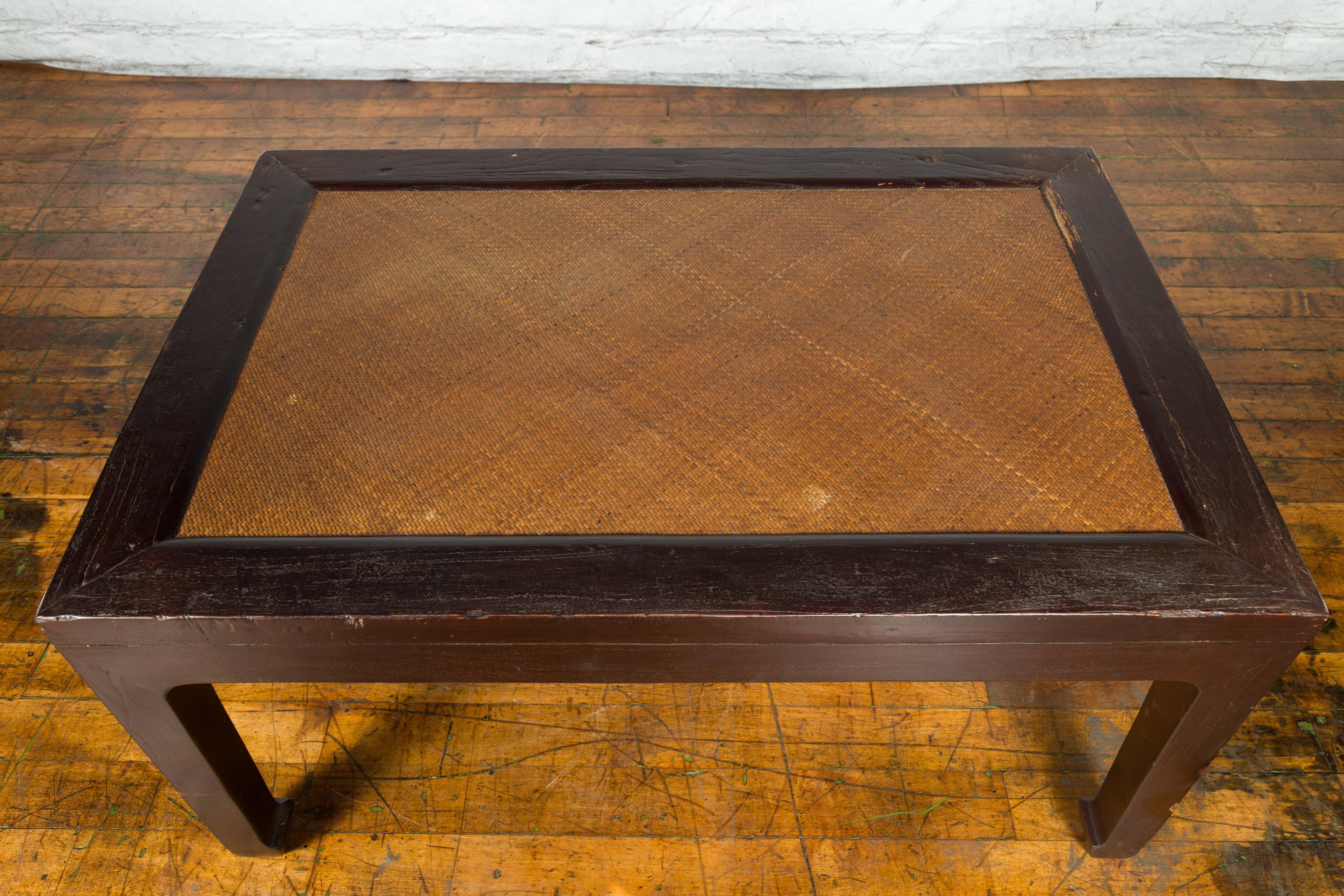 Chinese Early 20th Century Dark Brown Elm Coffee Table with Rattan Inset Top For Sale 1