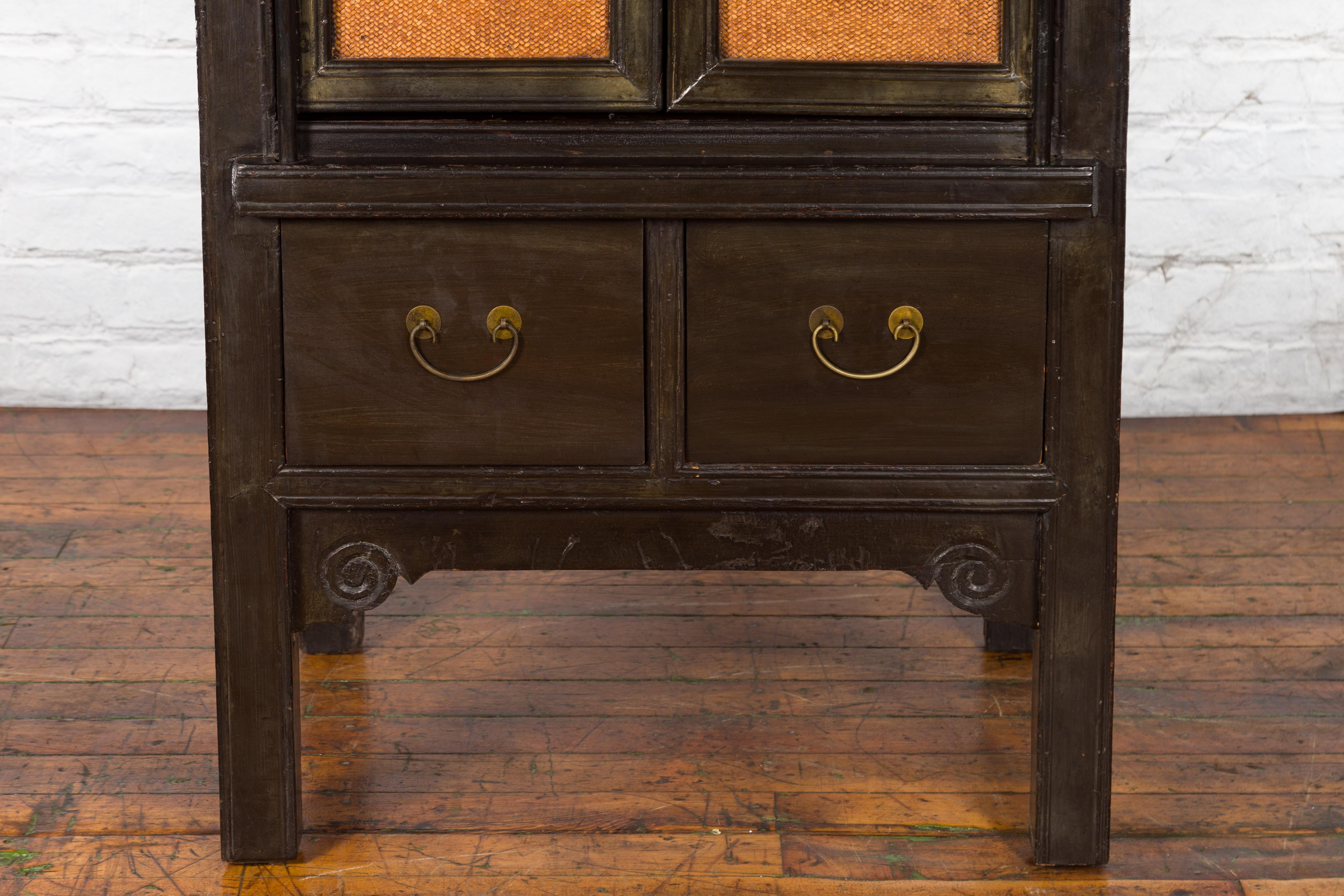 Chinese Early 20th Century Dark Lacquer Cabinet with Rattan Doors and Drawers 7