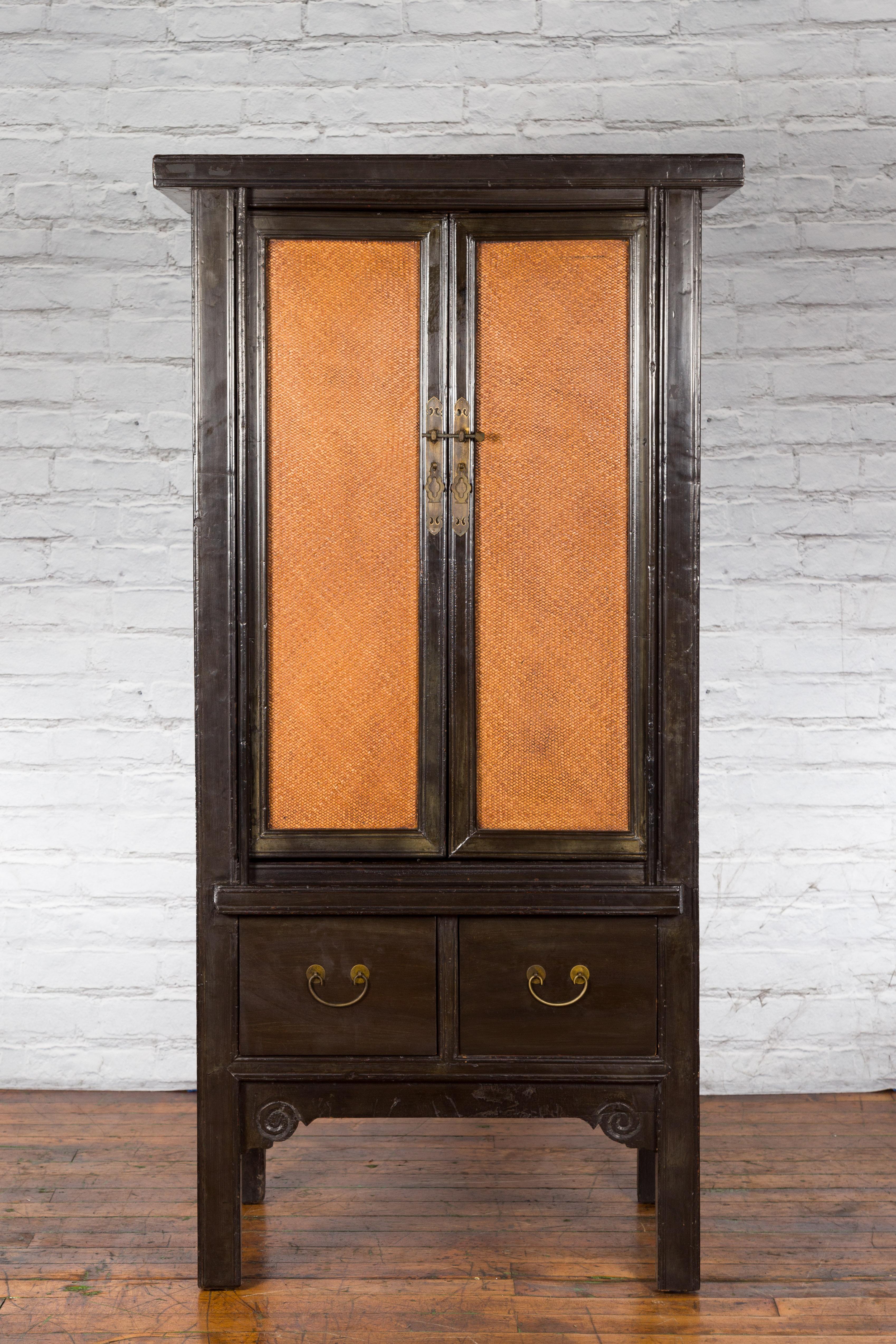 Chinese Early 20th Century Dark Lacquer Cabinet with Rattan Doors and Drawers 10