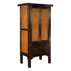 Chinese Early 20th Century Dark Lacquer Cabinet with Rattan Doors and Drawers