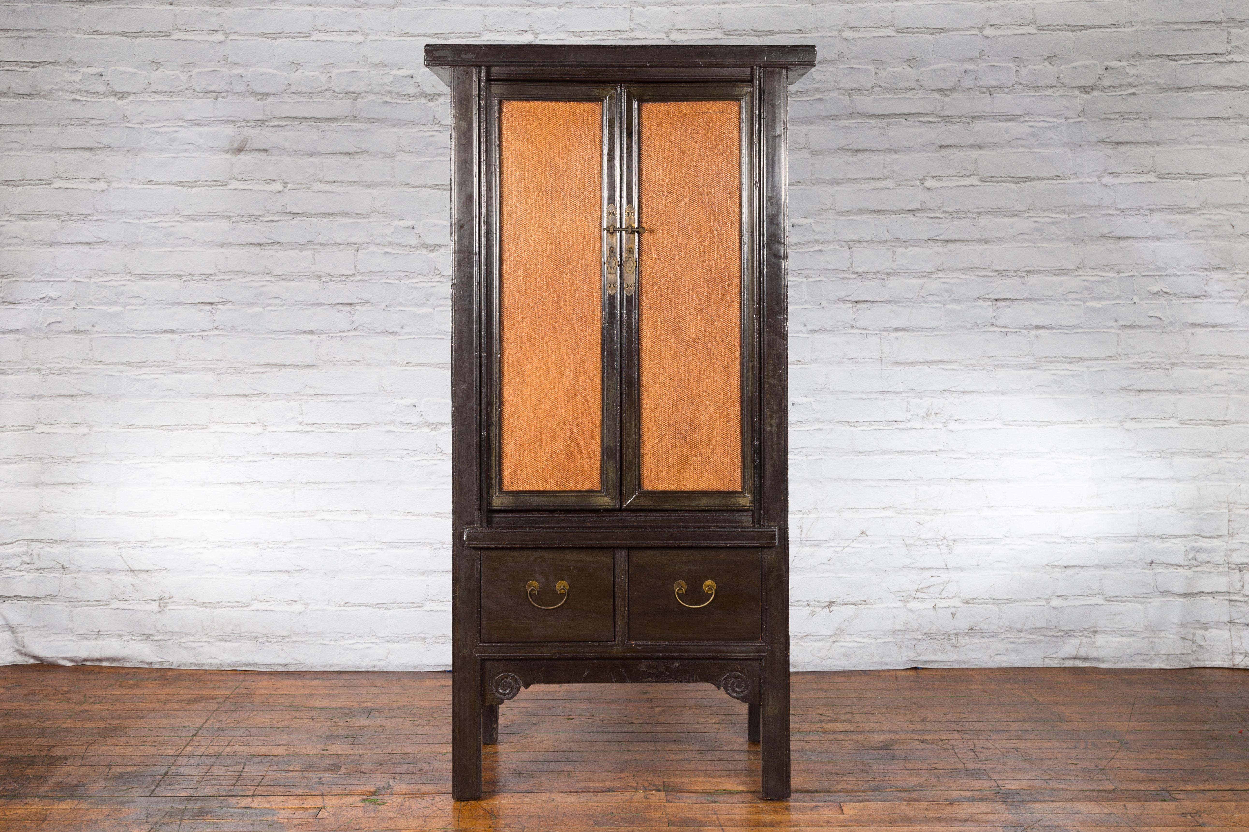 Woven Chinese Early 20th Century Dark Lacquer Cabinet with Rattan Doors and Drawers