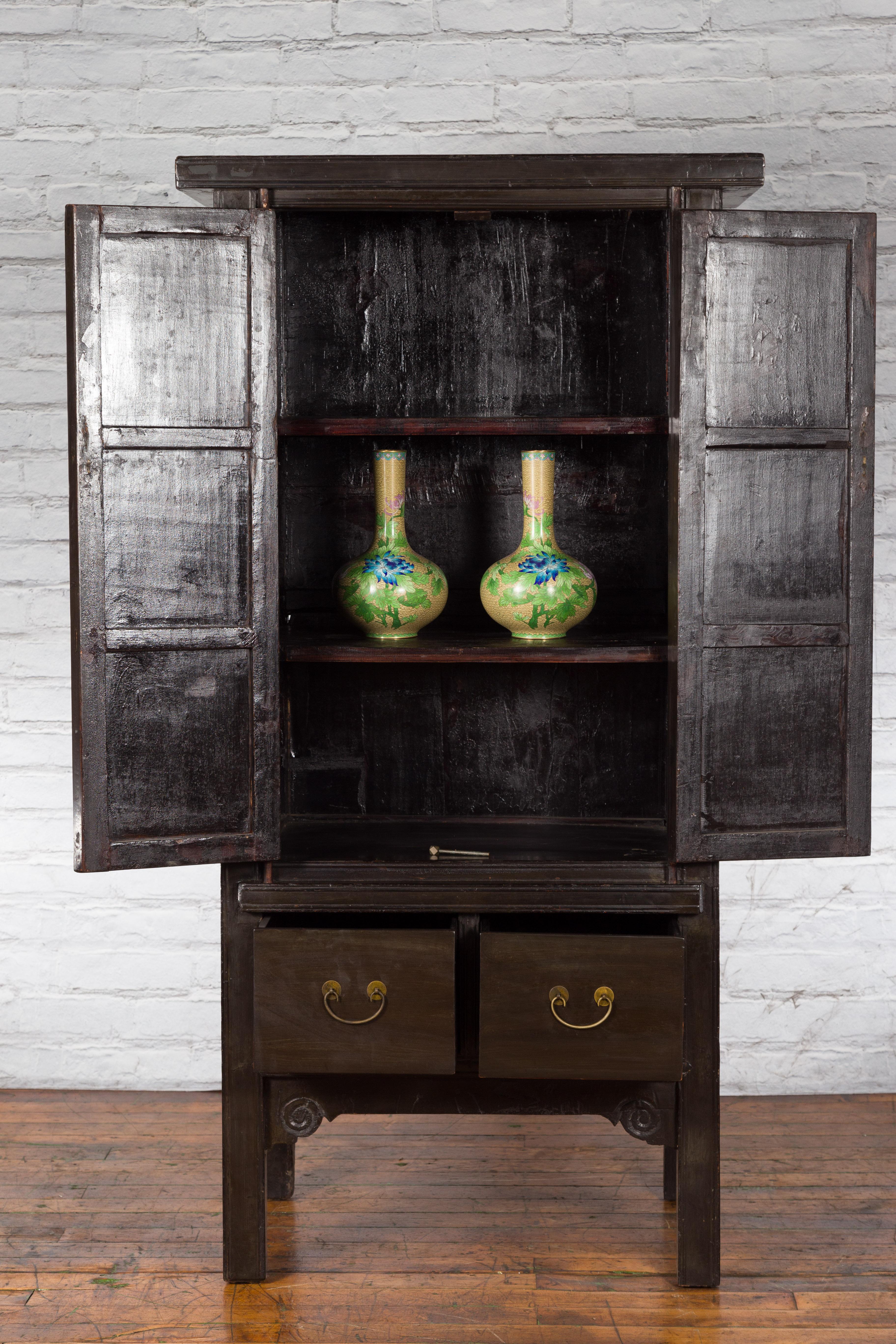 Chinese Early 20th Century Dark Lacquer Cabinet with Rattan Doors and Drawers In Good Condition In Yonkers, NY