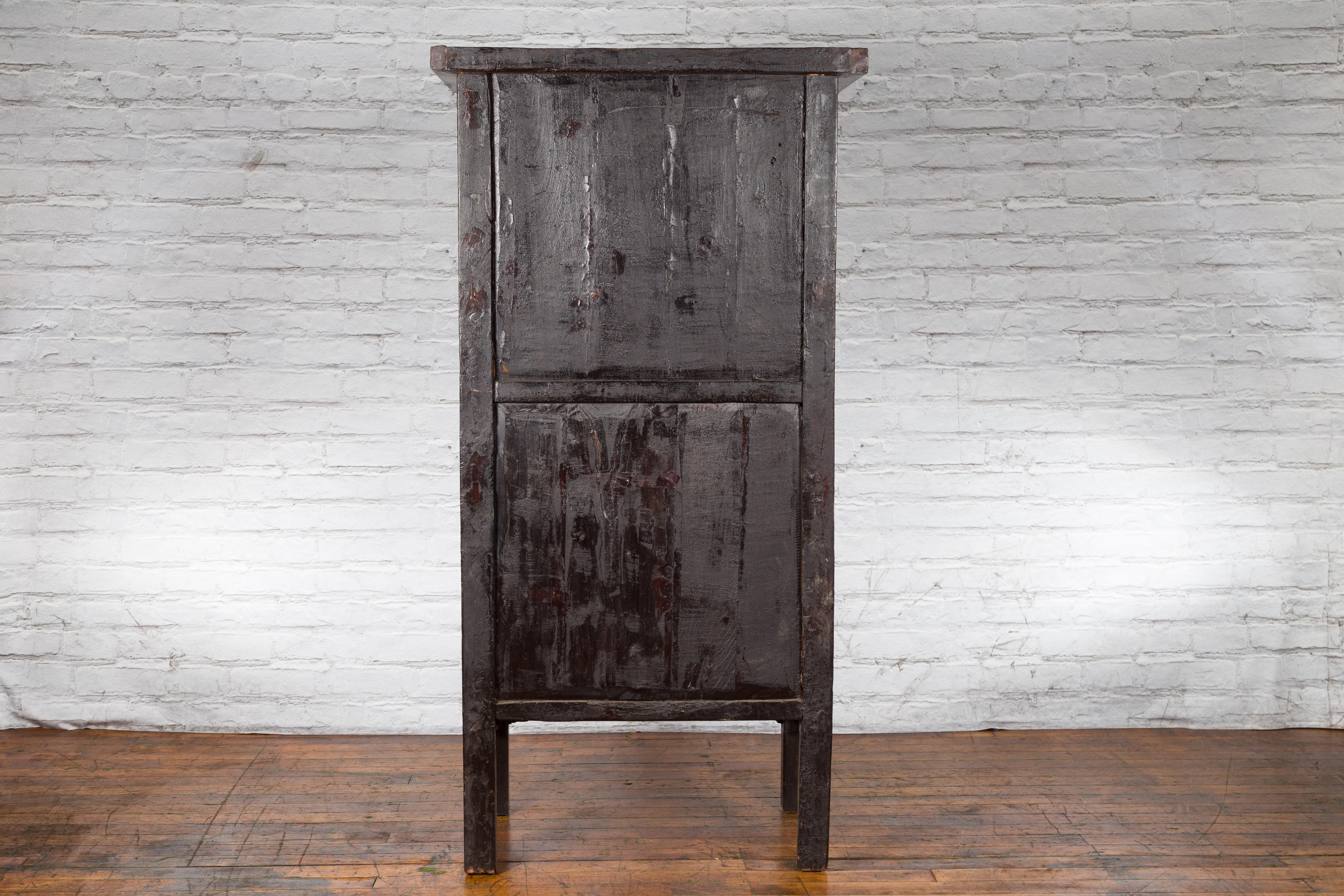 Chinese Early 20th Century Dark Lacquer Cabinet with Rattan Doors and Drawers 2