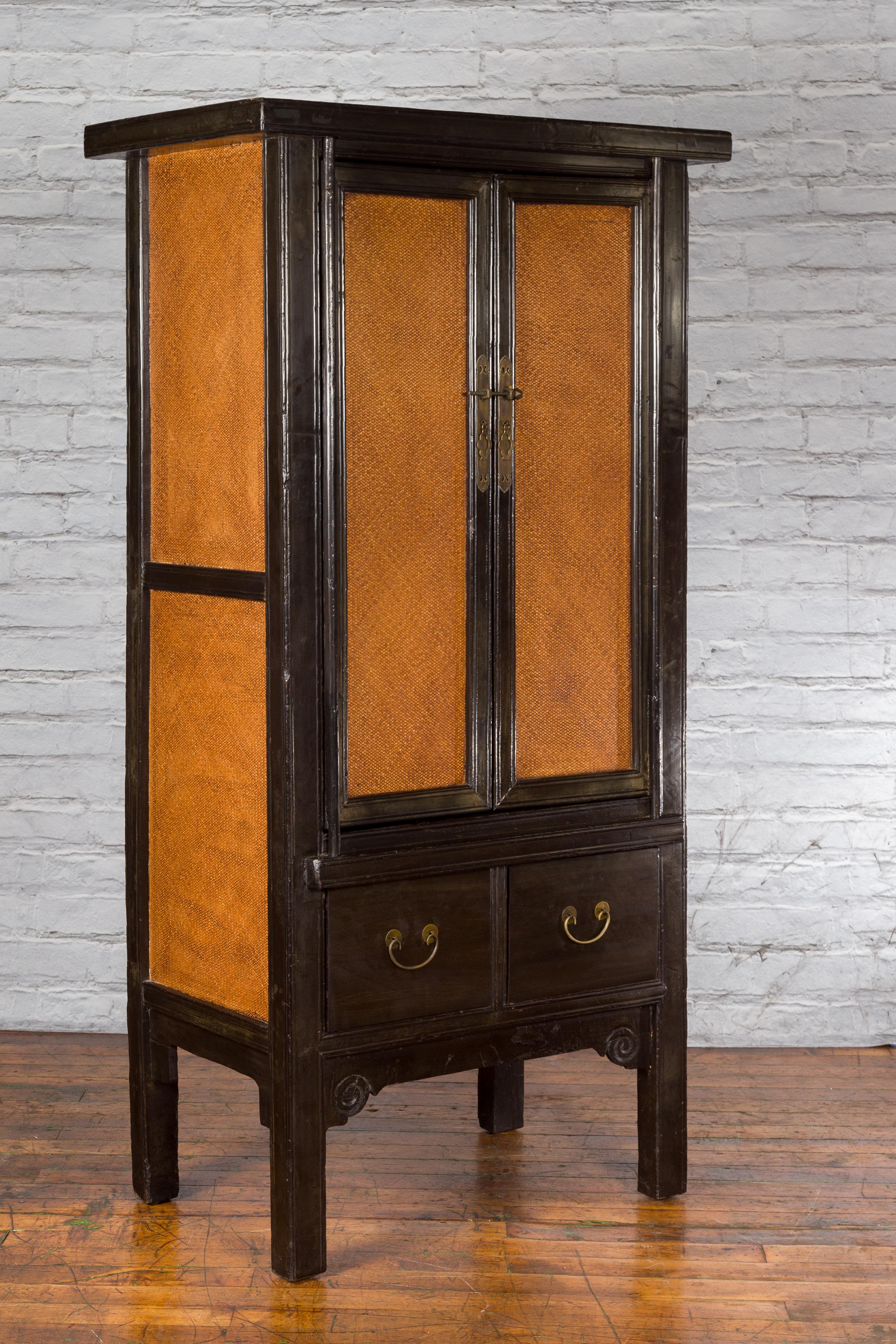 Chinese Early 20th Century Dark Lacquer Cabinet with Rattan Doors and Drawers 3