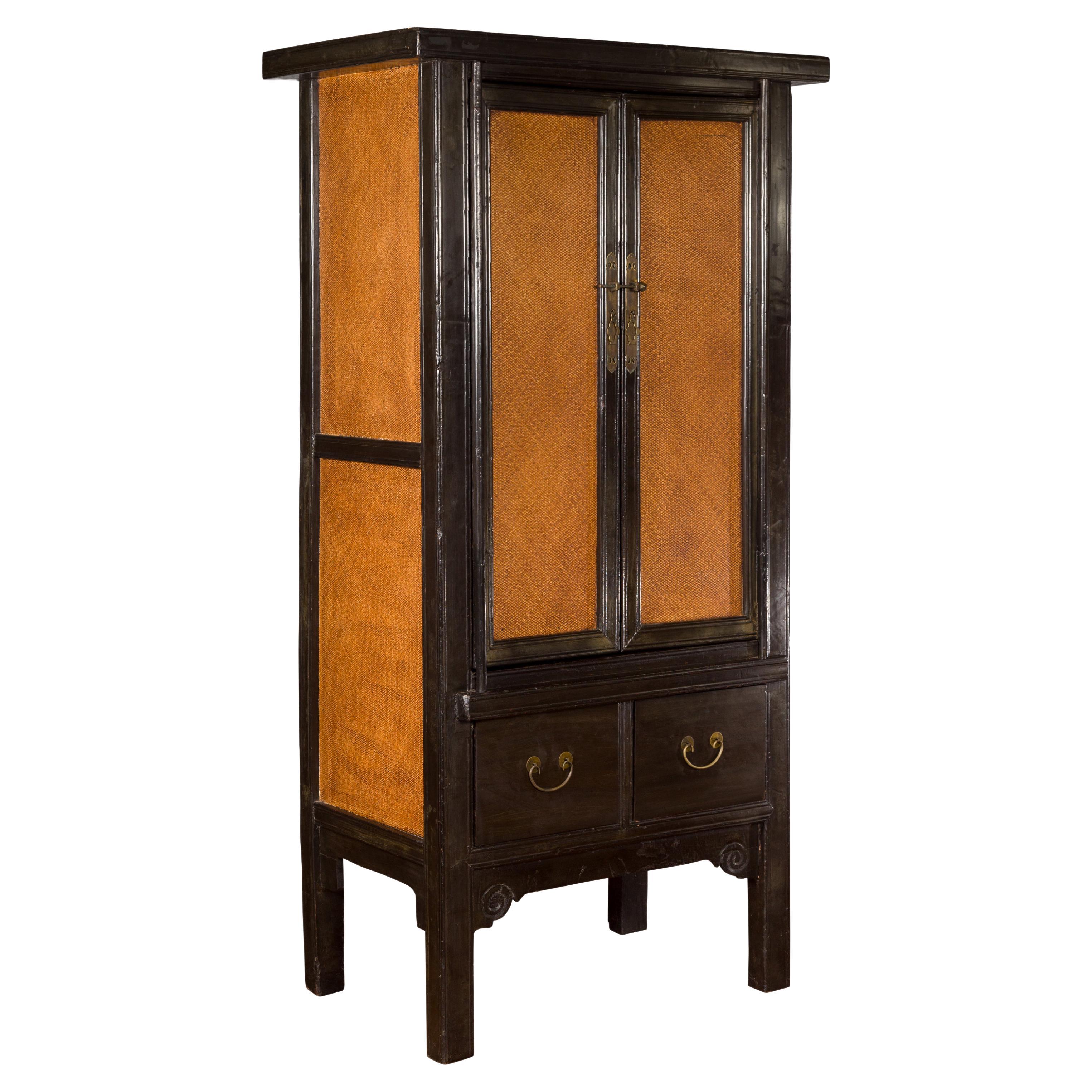 Chinese Early 20th Century Dark Lacquer Cabinet with Rattan Doors and Drawers