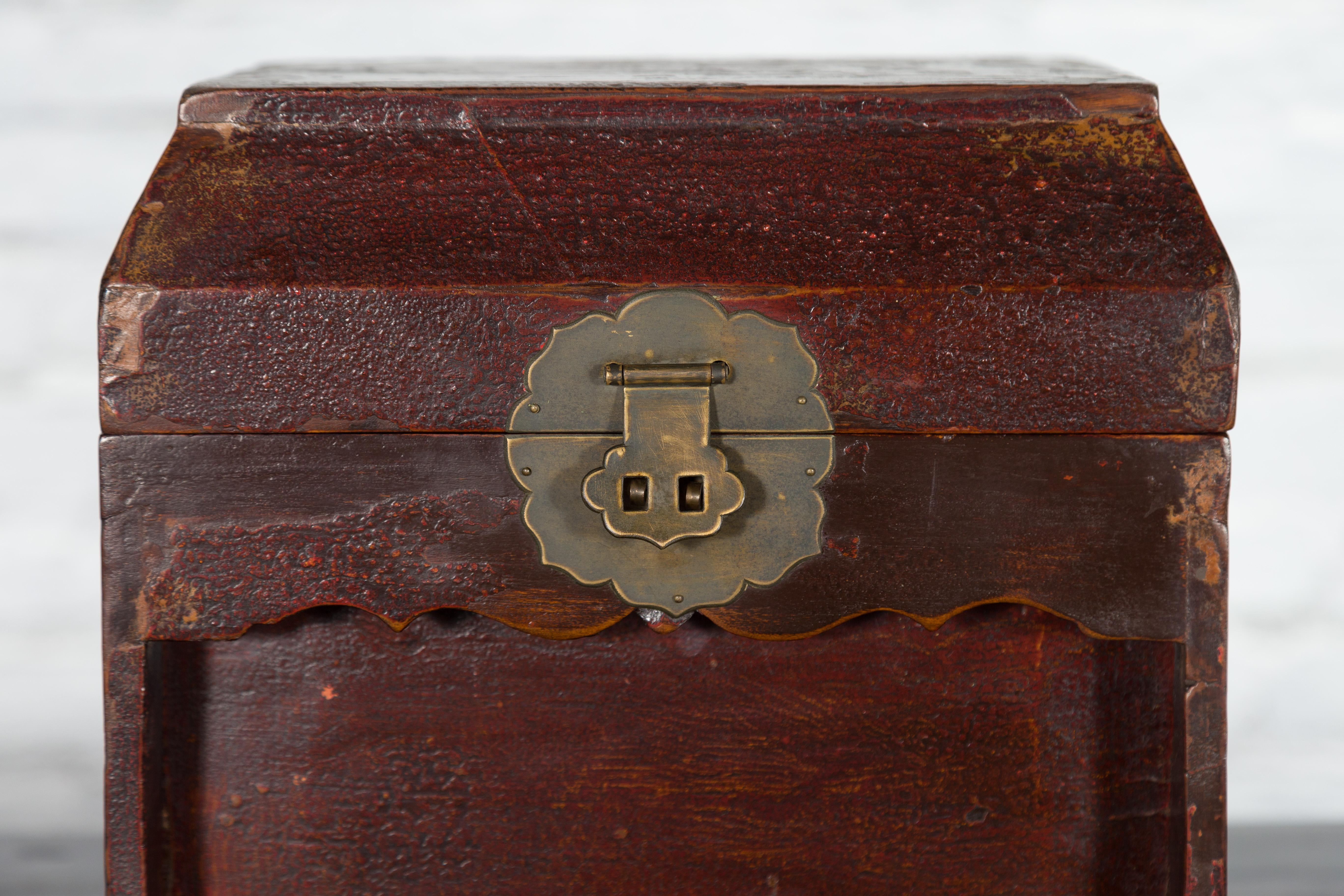 Brass Chinese Early 20th Century Document Box with Scalloped Décor and Removable Panel For Sale